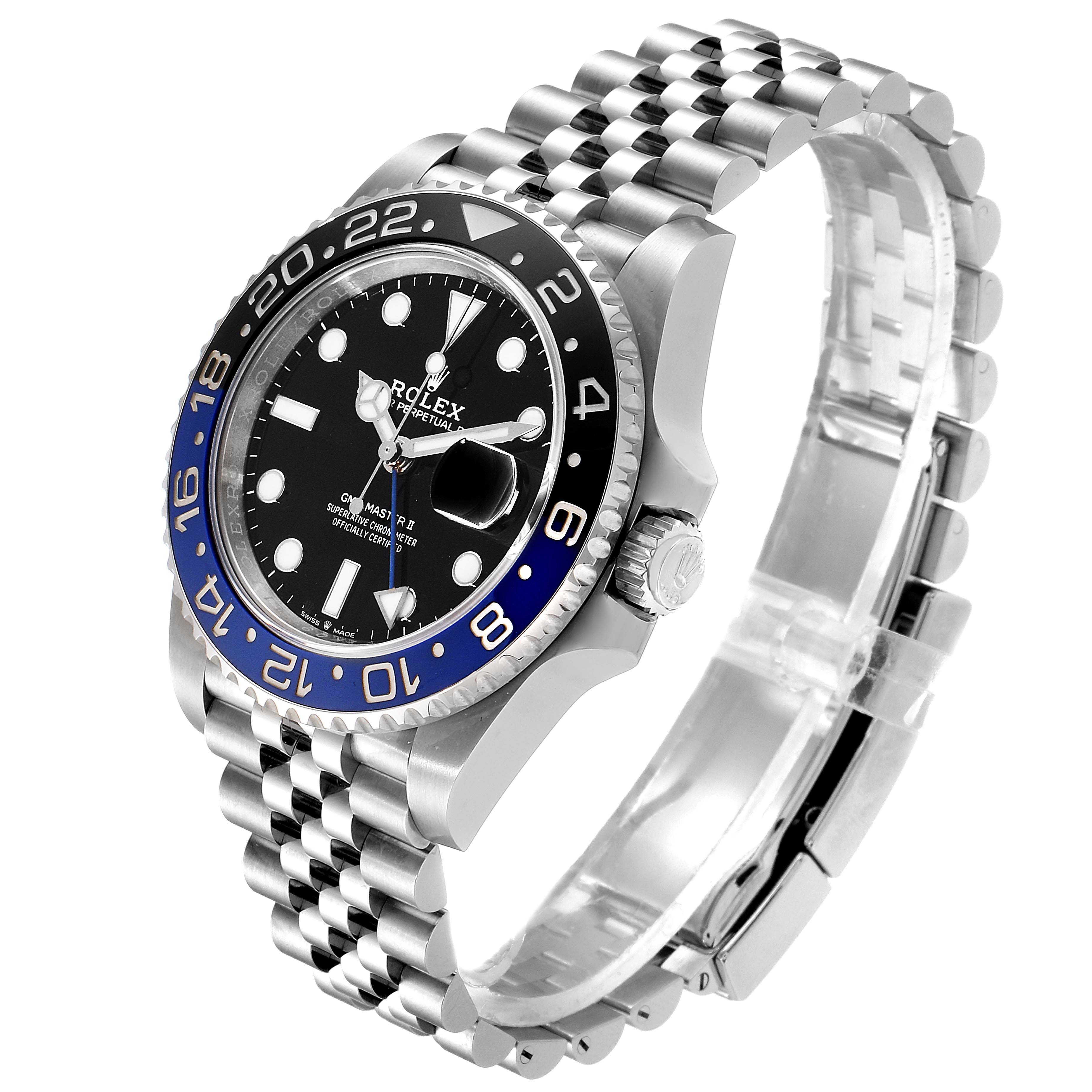 The image shows a side angle of a Rolex GMT-Master 126710 Men
s Stainless Steel Black Dial 126710 Men
s Stainless Steel Black Dial watch, highlighting its bezel, dial, and jubilee bracelet.
