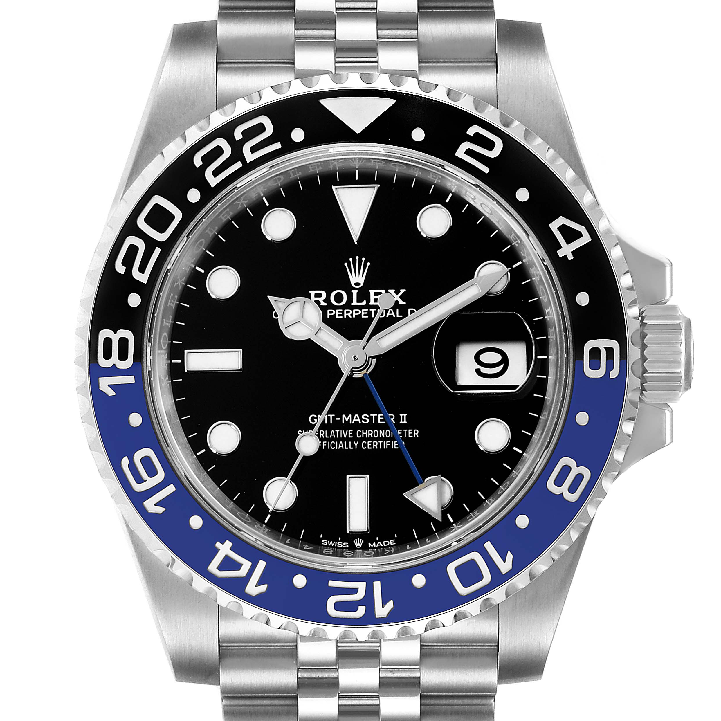 The image shows a front view of a Rolex GMT-Master 126710 Men
s Stainless Steel Black Dial 126710 Men
s Stainless Steel Black Dial II watch displaying its bezel, dial, hands, date window, and bracelet.