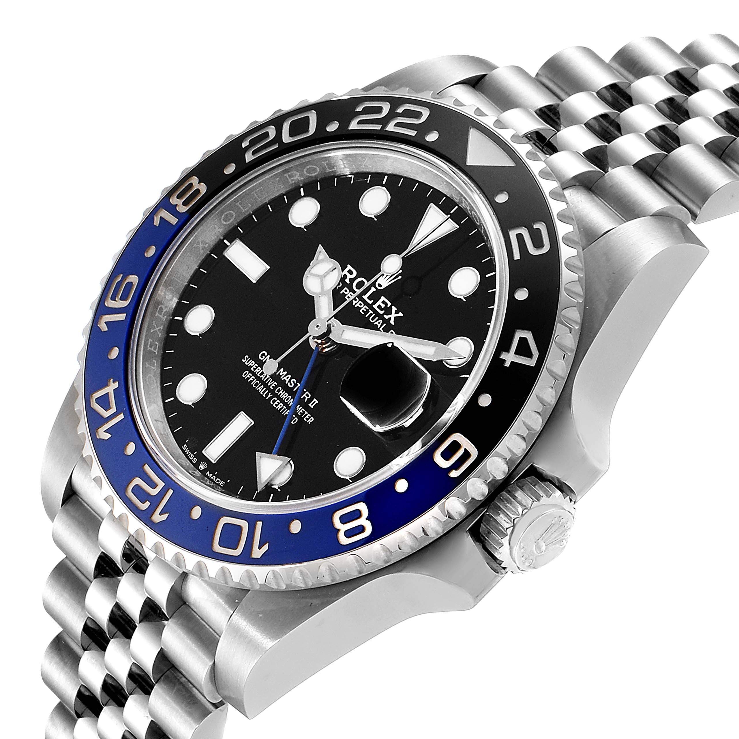 This image shows a Rolex GMT-Master 126710 Men
s Stainless Steel Black Dial 126710 Men
s Stainless Steel Black Dial watch at an angled view, displaying the dial, bezel, and part of the bracelet.
