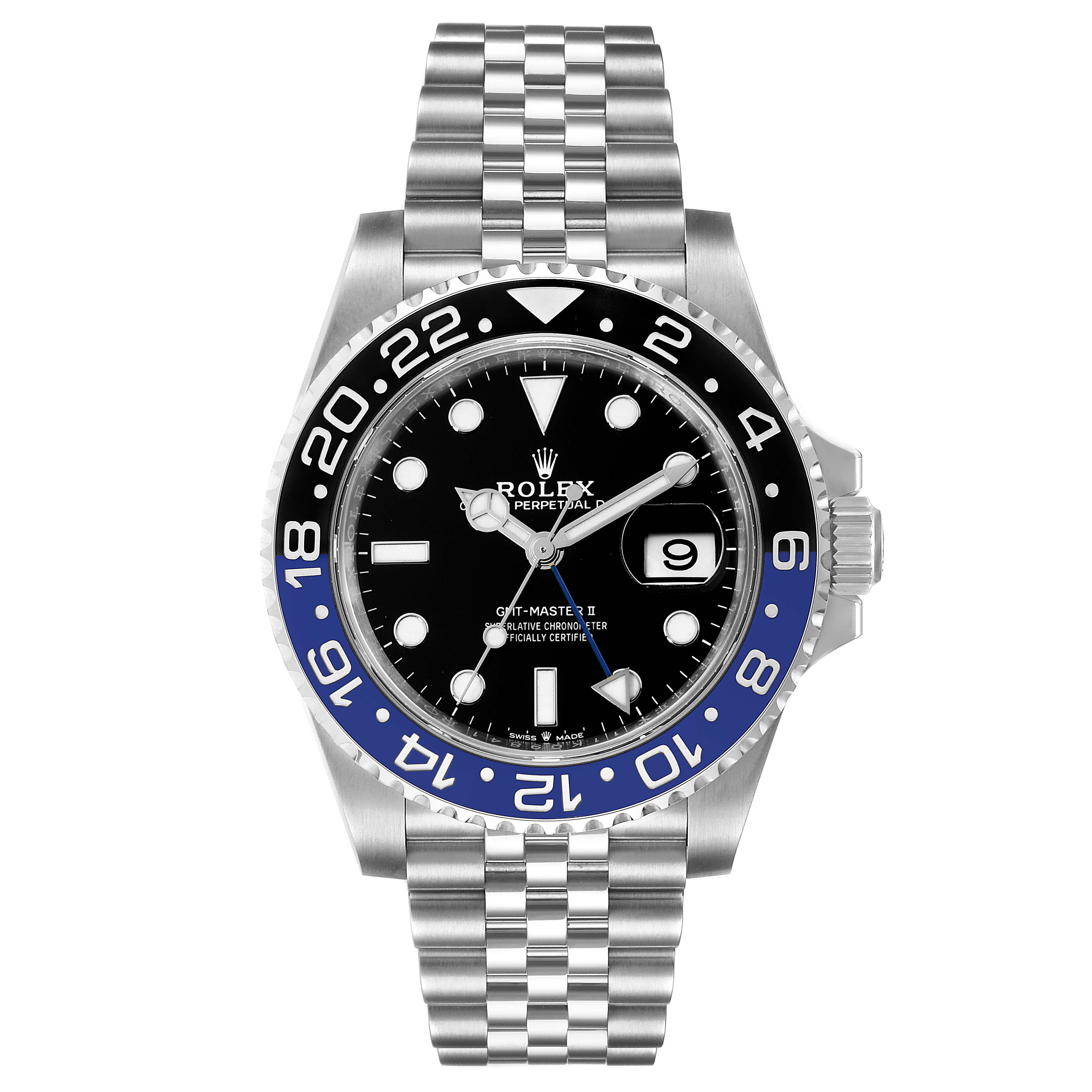 The Rolex GMT-Master 126710 Men
s Stainless Steel Black Dial 126710 Men
s Stainless Steel Black Dial II watch is shown from a front angle showcasing the dial, bezel, and bracelet.