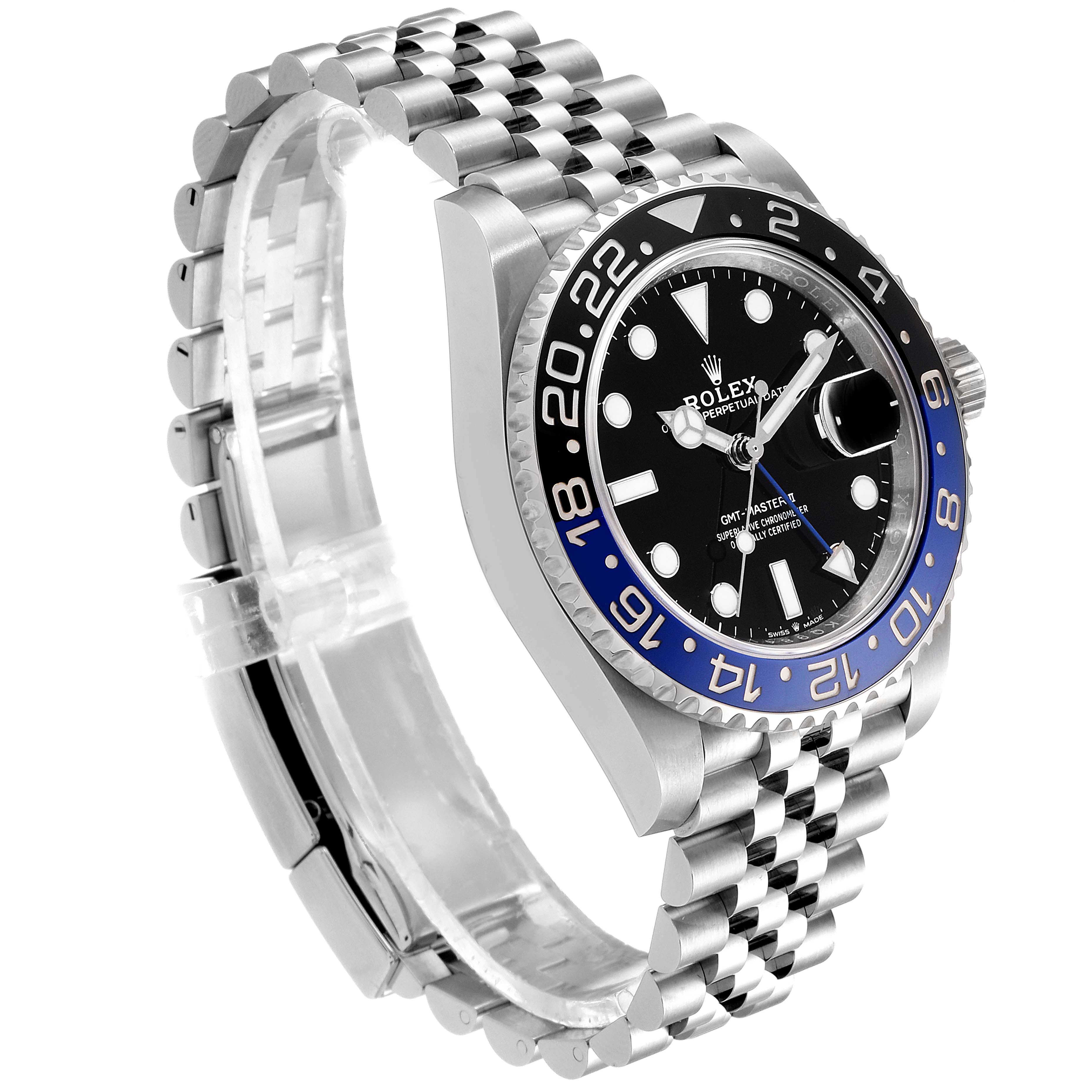 The Rolex GMT-Master 126710 Men
s Stainless Steel Black Dial 126710 Men
s Stainless Steel Black Dial watch is shown at an angle, highlighting the bezel, dial, case, and Jubilee bracelet.
