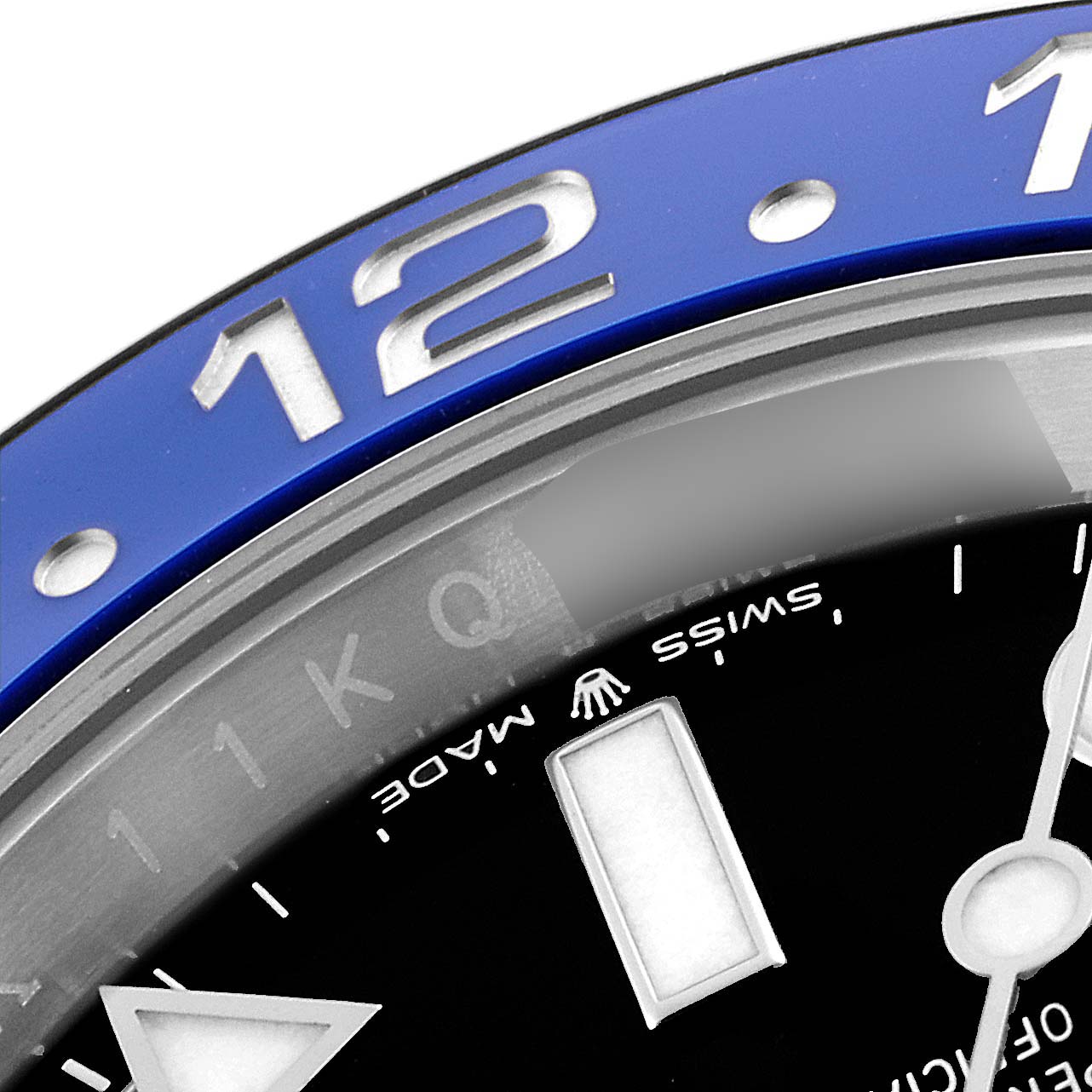 The image shows a close-up of the bezel and a portion of the dial of a Rolex GMT-Master 126710 Men
s Stainless Steel Black Dial 126710 Men
s Stainless Steel Black Dial watch.