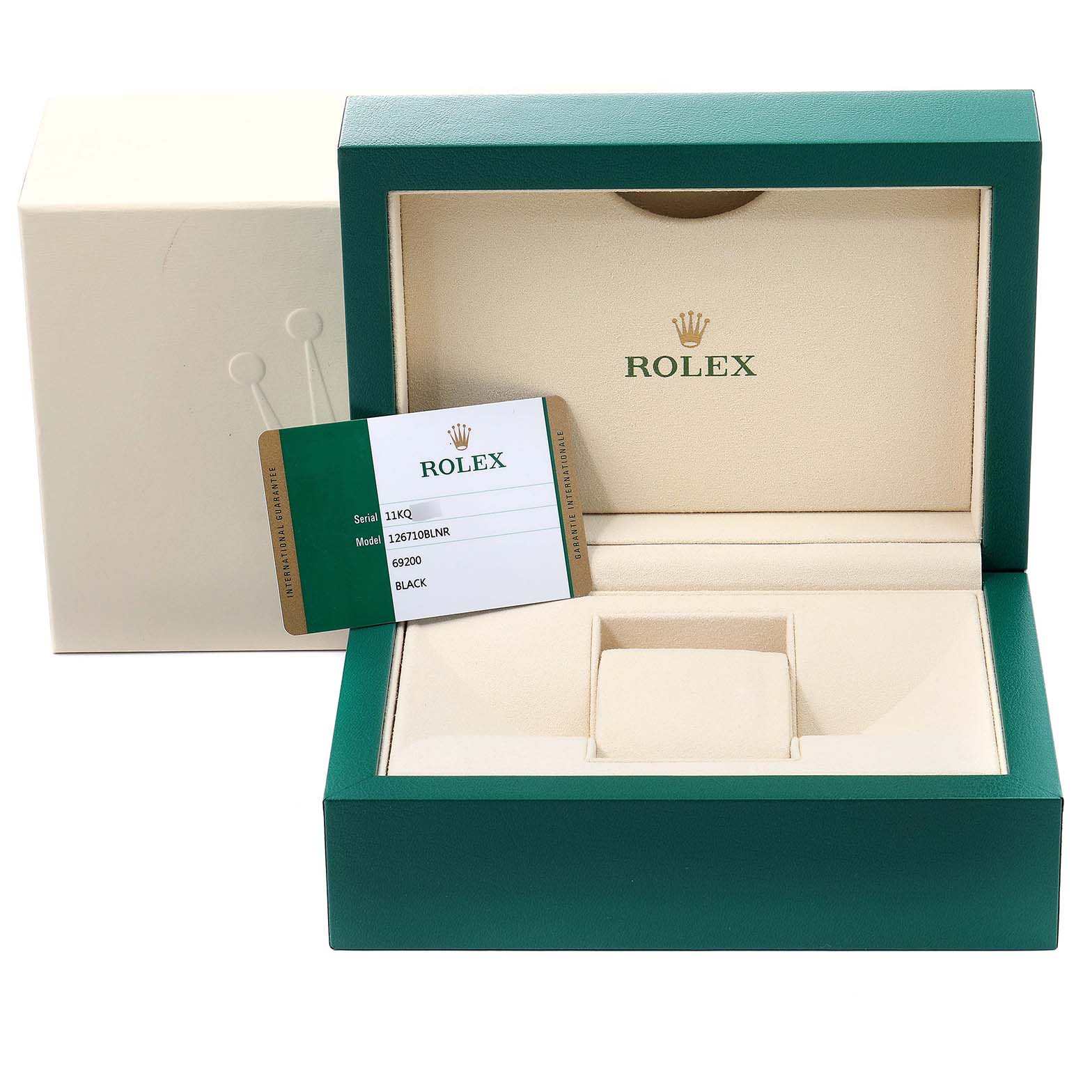 The image shows an open Rolex GMT-Master 126710 Men
s Stainless Steel Black Dial 126710 Men
s Stainless Steel Black Dial watch box with a warranty card inside.