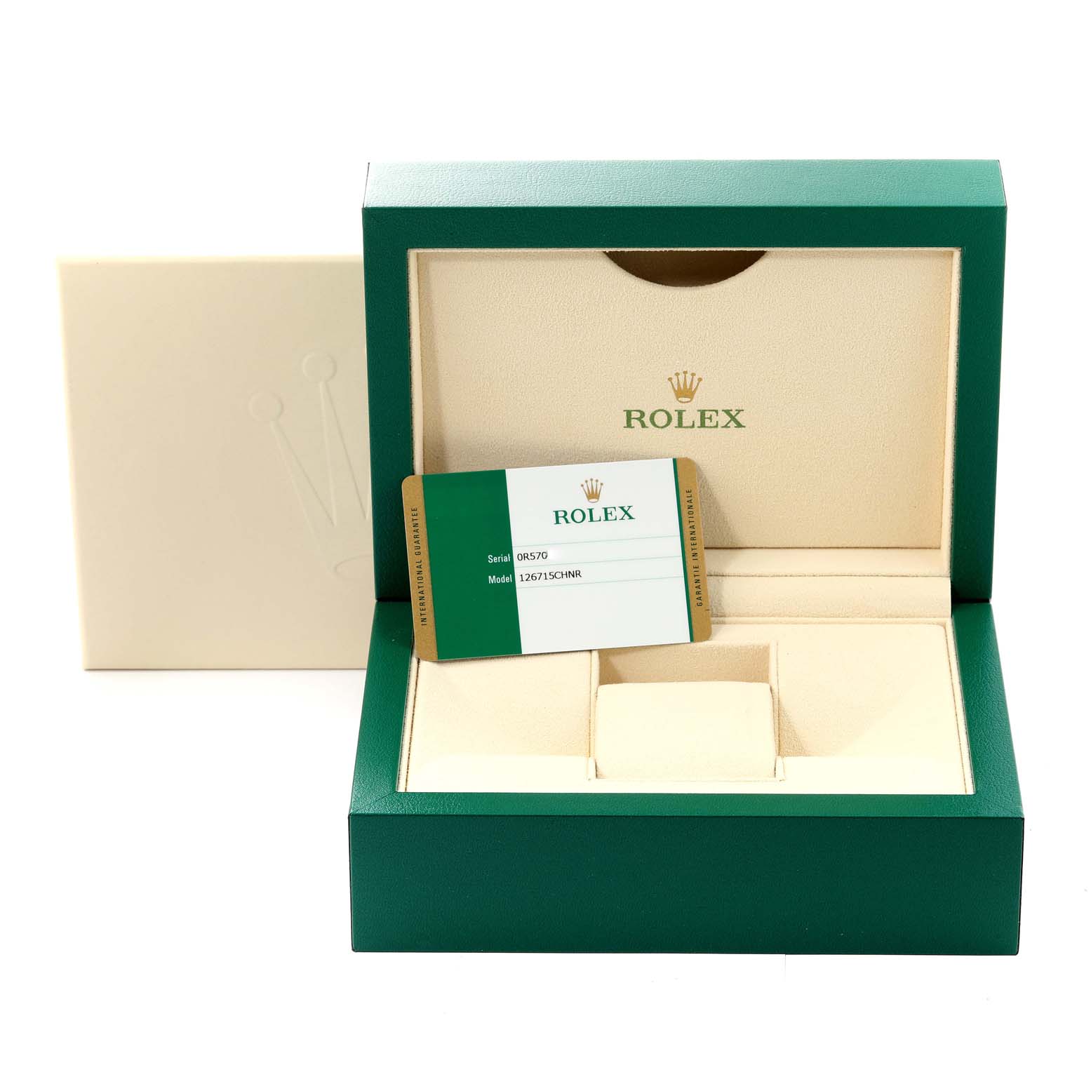 The image shows the packaging and Best Quality
ation card for a Rolex GMT-Master 126715 Men
s Rose Gold Black Dial 126715 Men
s Rose Gold Black Dial watch model.