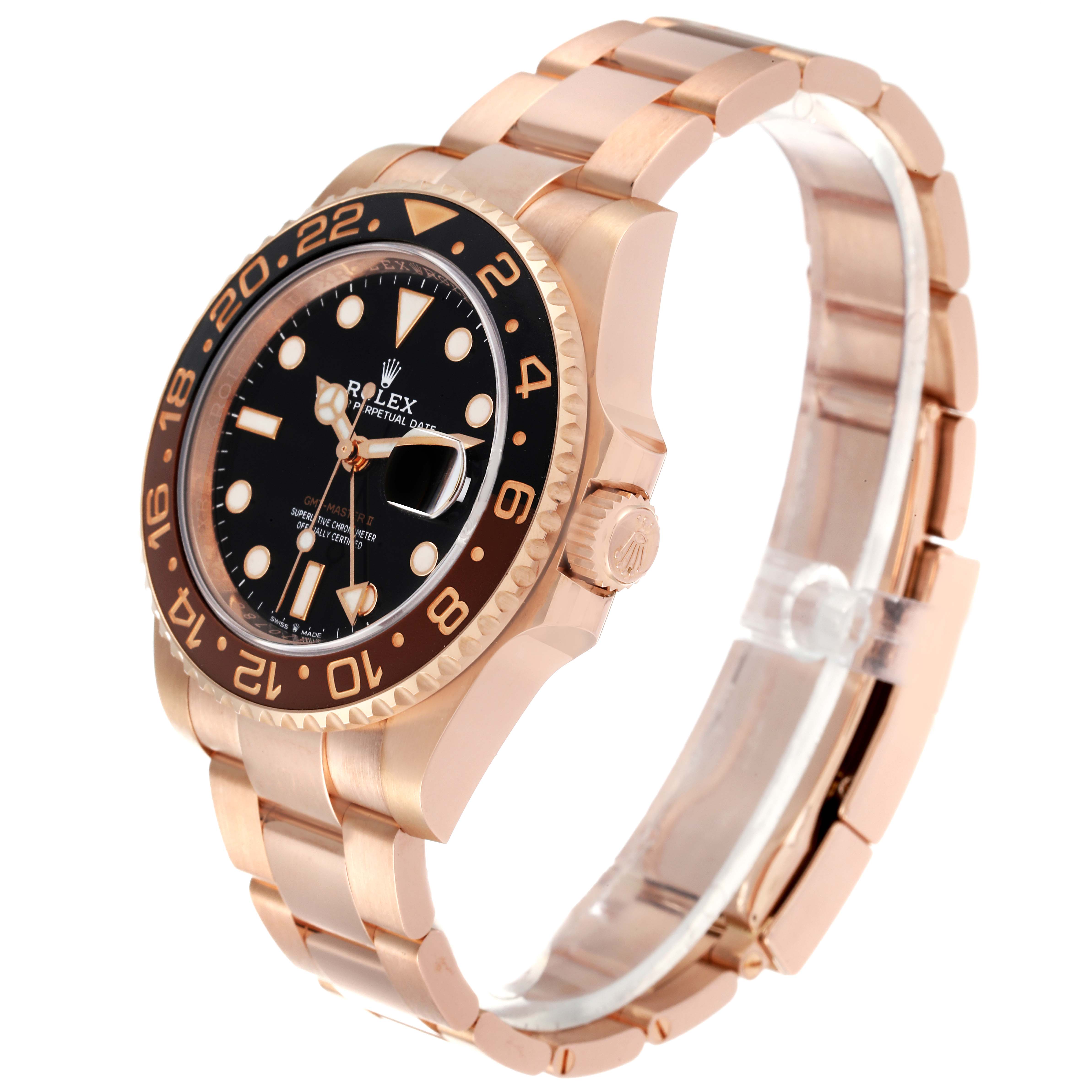 The image shows an angled view of a Rolex GMT-Master 126715 Men
s Rose Gold Black Dial 126715 Men
s Rose Gold Black Dial watch, highlighting its rose gold case, black dial, and bezel with bracelet.