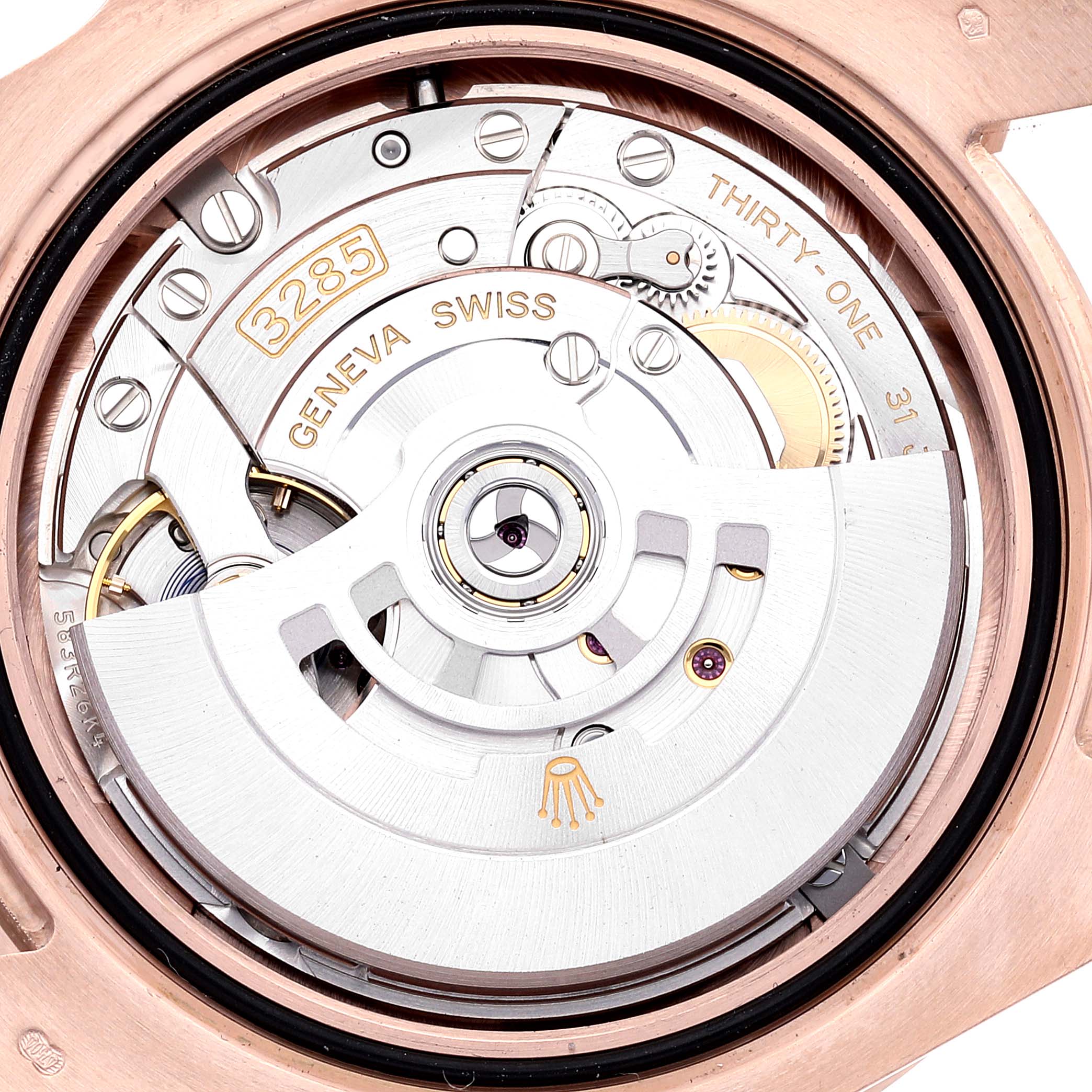This image shows the internal mechanism of a Rolex GMT-Master 126715 Men
s Rose Gold Black Dial 126715 Men
s Rose Gold Black Dial, specifically the movement labeled 3285, viewed from the back.