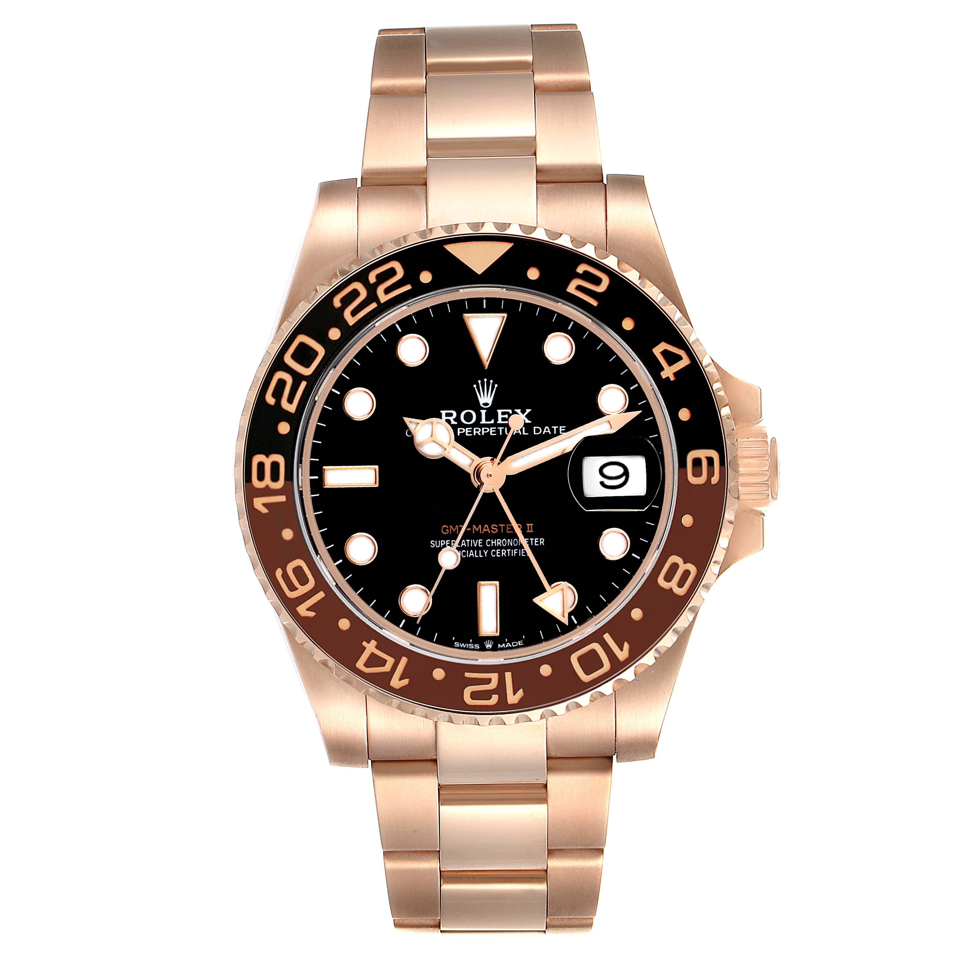This image shows a front view of a Rolex GMT-Master 126715 Men
s Rose Gold Black Dial 126715 Men
s Rose Gold Black Dial II watch, highlighting its bezel, dial, and bracelet.