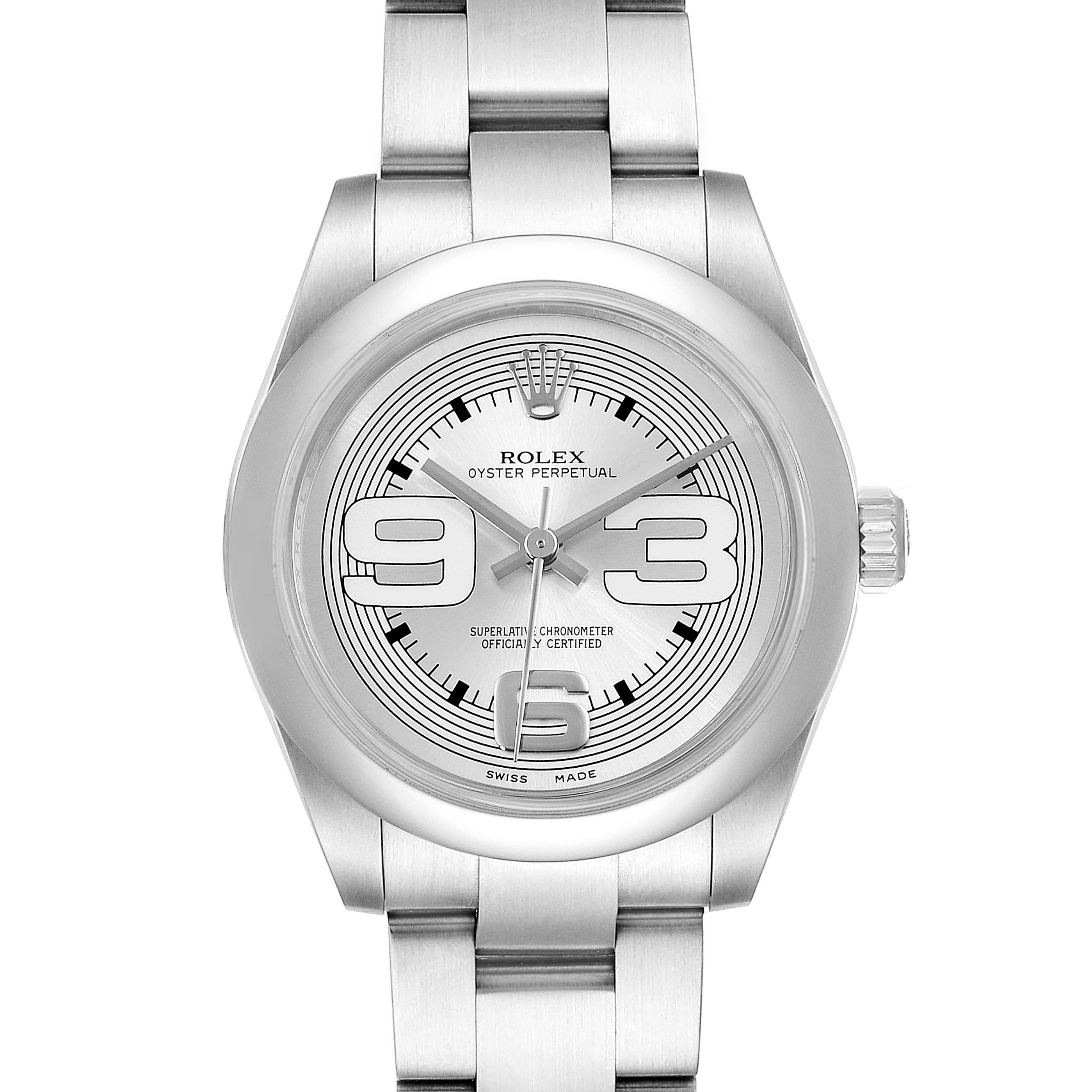 This image shows a frontal view of the Rolex Mid-Size 177200 Women
s Stainless Steel Silver Dial 177200 Women
s Stainless Steel Silver Dial Oyster Perpetual watch, displaying its dial, bezel, and bracelet clearly.
