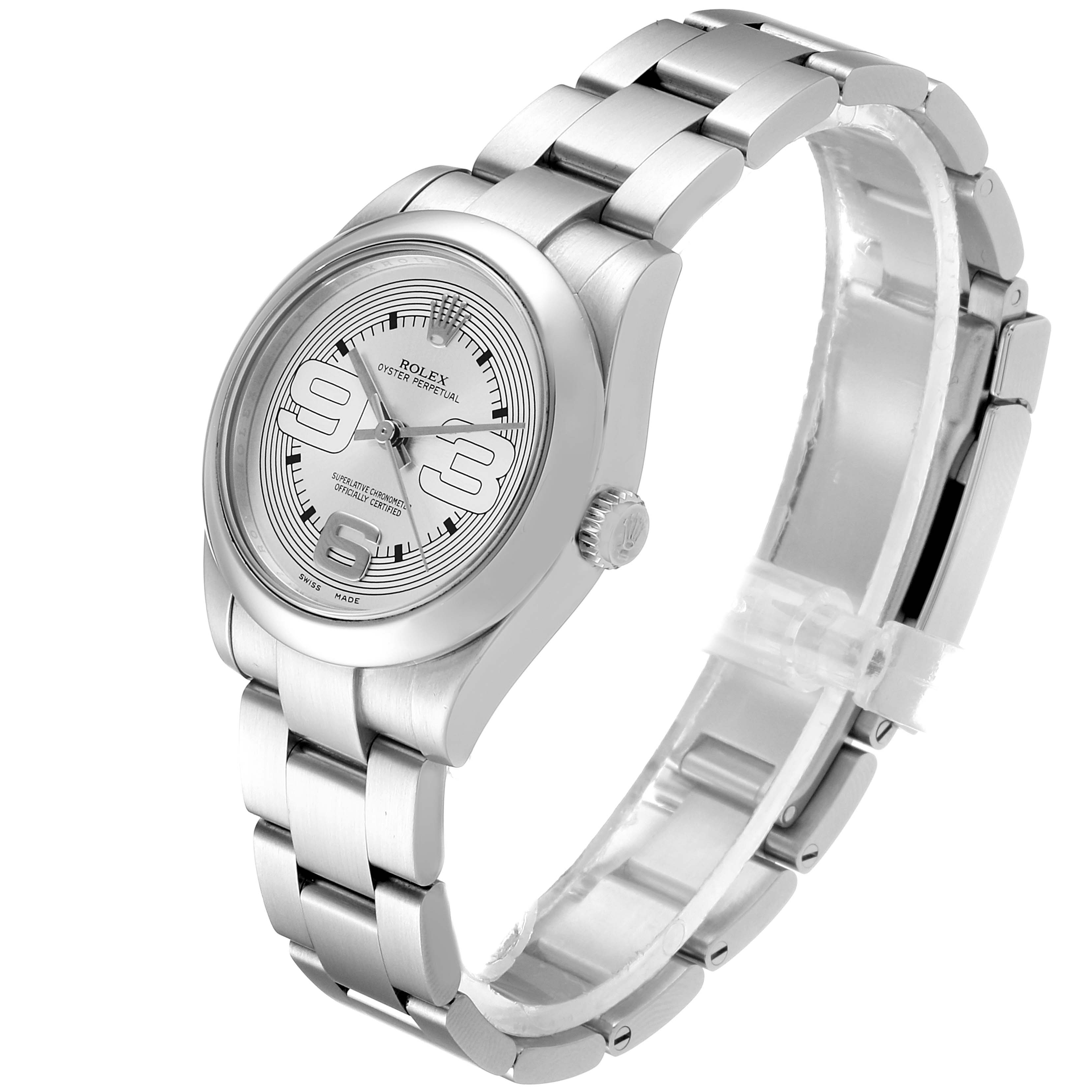 The image shows a Rolex Mid-Size 177200 Women
s Stainless Steel Silver Dial 177200 Women
s Stainless Steel Silver Dial Oyster Perpetual watch from a slight left-side angle, highlighting the face, bezel, and metal bracelet.