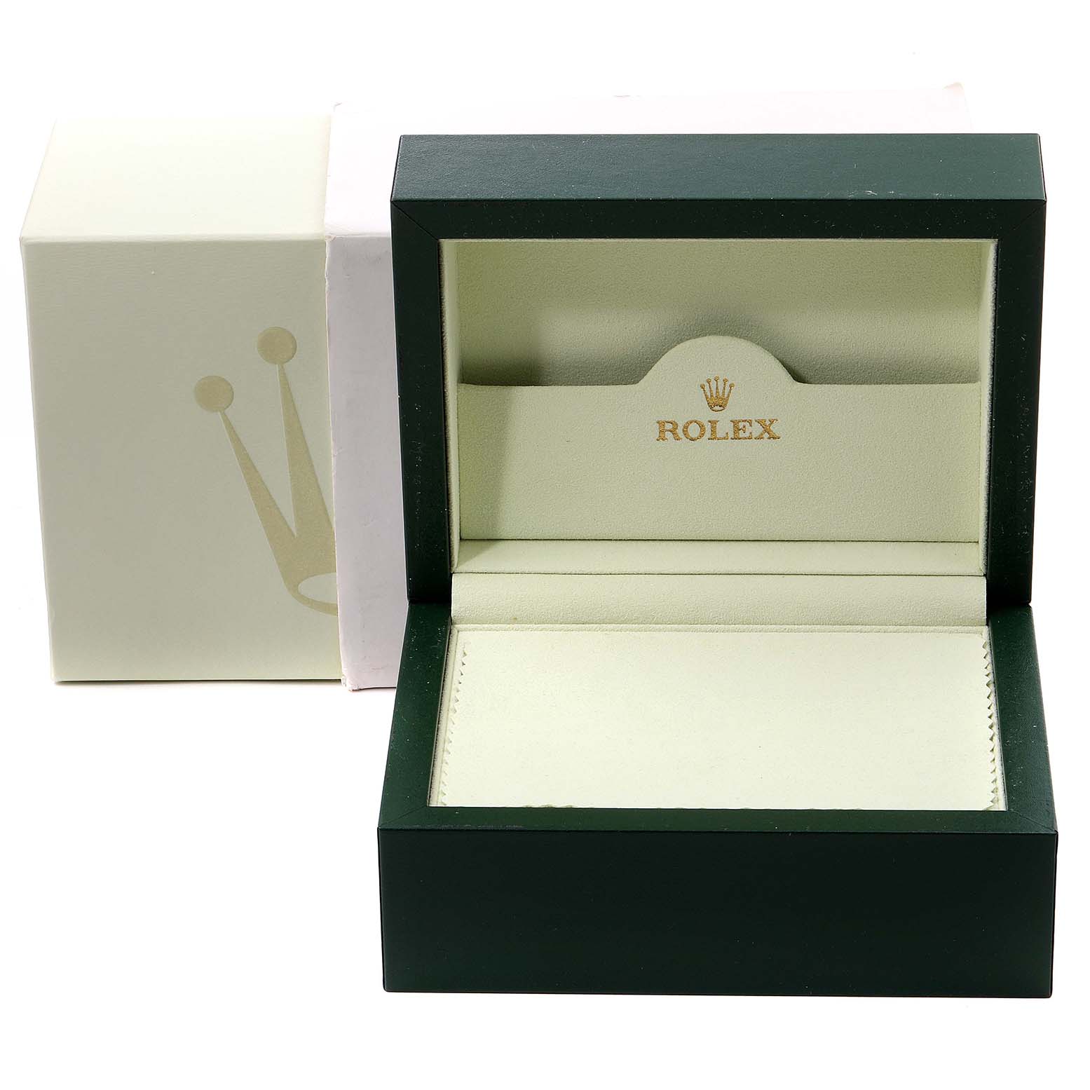 The image shows an empty Rolex watch box for the Mid-Size model, with a green exterior and beige interior.