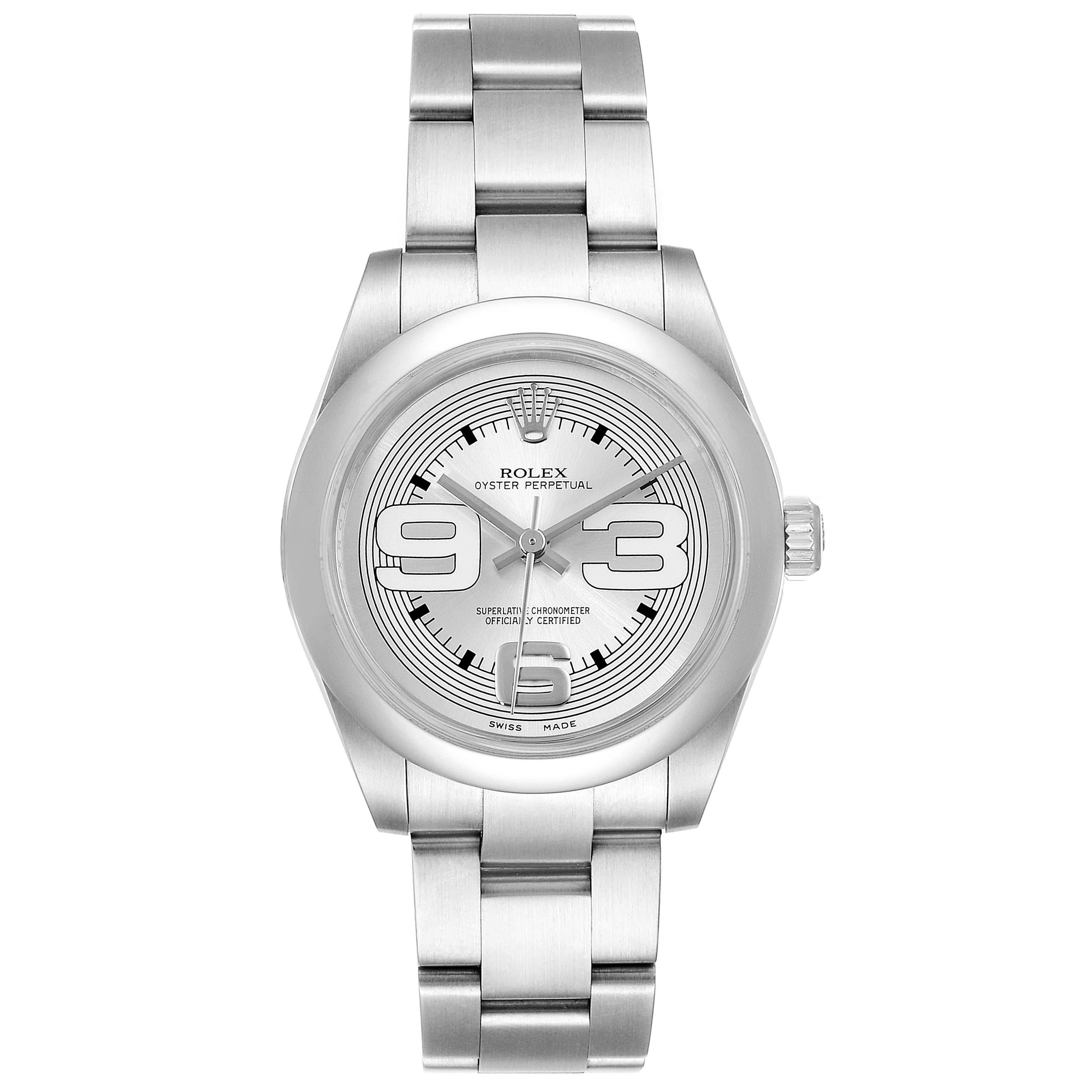This image shows a front view of a Rolex Mid-Size 177200 Women
s Stainless Steel Silver Dial 177200 Women
s Stainless Steel Silver Dial Oyster Perpetual watch, highlighting its dial, case, and bracelet.