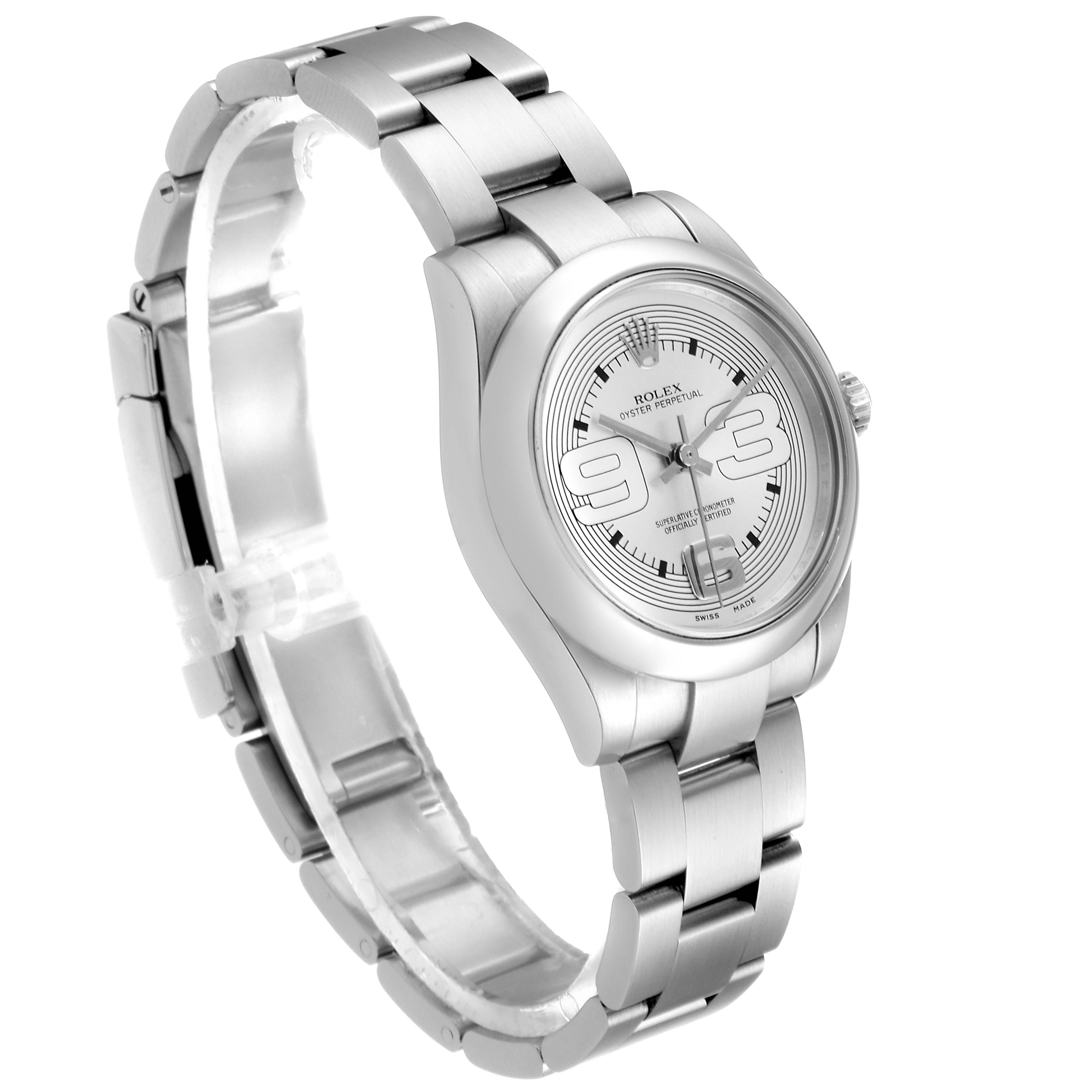 This image shows a slightly angled side view of a Rolex Mid-Size 177200 Women
s Stainless Steel Silver Dial 177200 Women
s Stainless Steel Silver Dial model, featuring its bracelet and watch face.