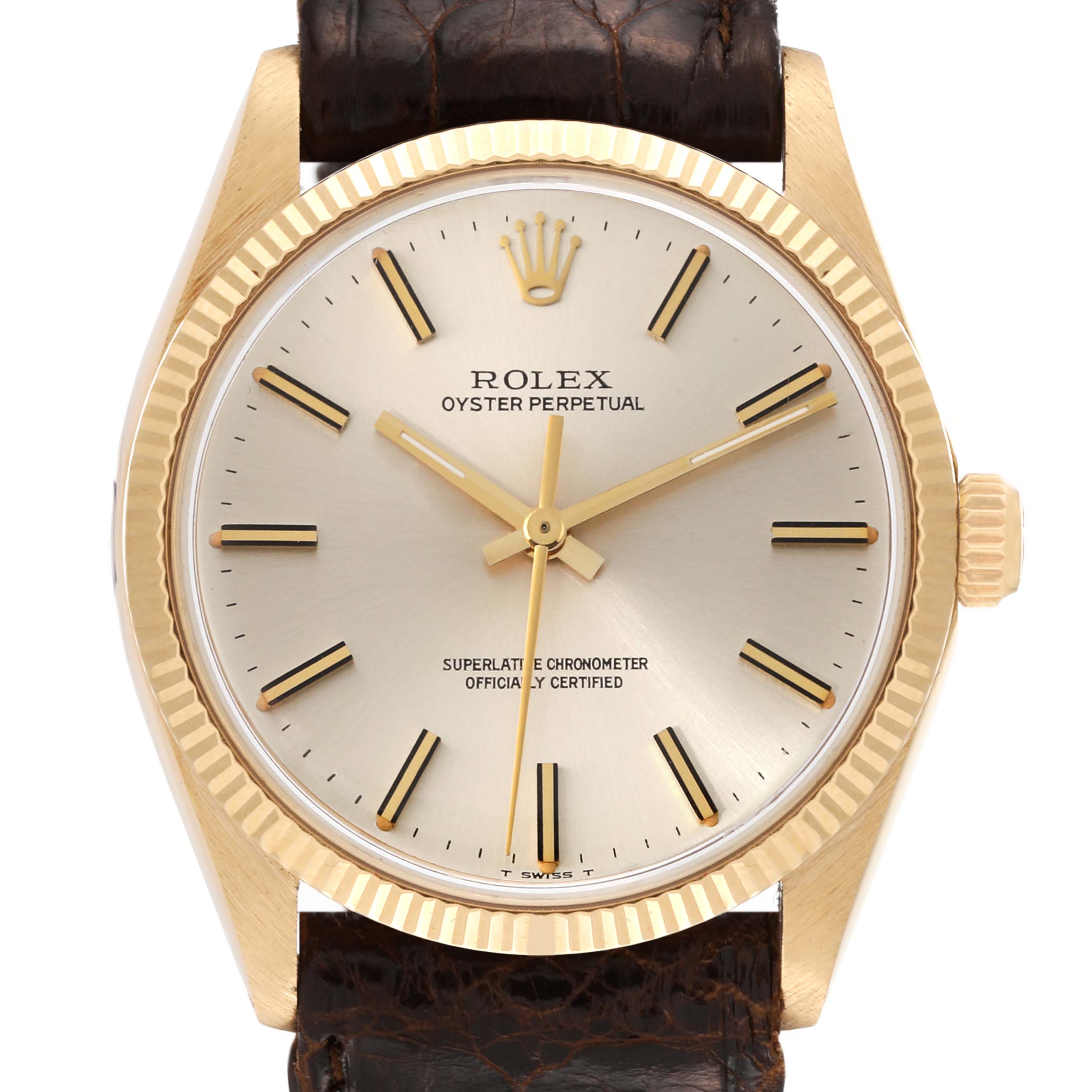This image shows a front view of the Rolex Vintage Collection 1005 Men's Yellow Gold Champagne Dial 1005 Men's Yellow Gold Champagne Dial Oyster Perpetual watch, highlighting the dial, hands, bezel, and crown.