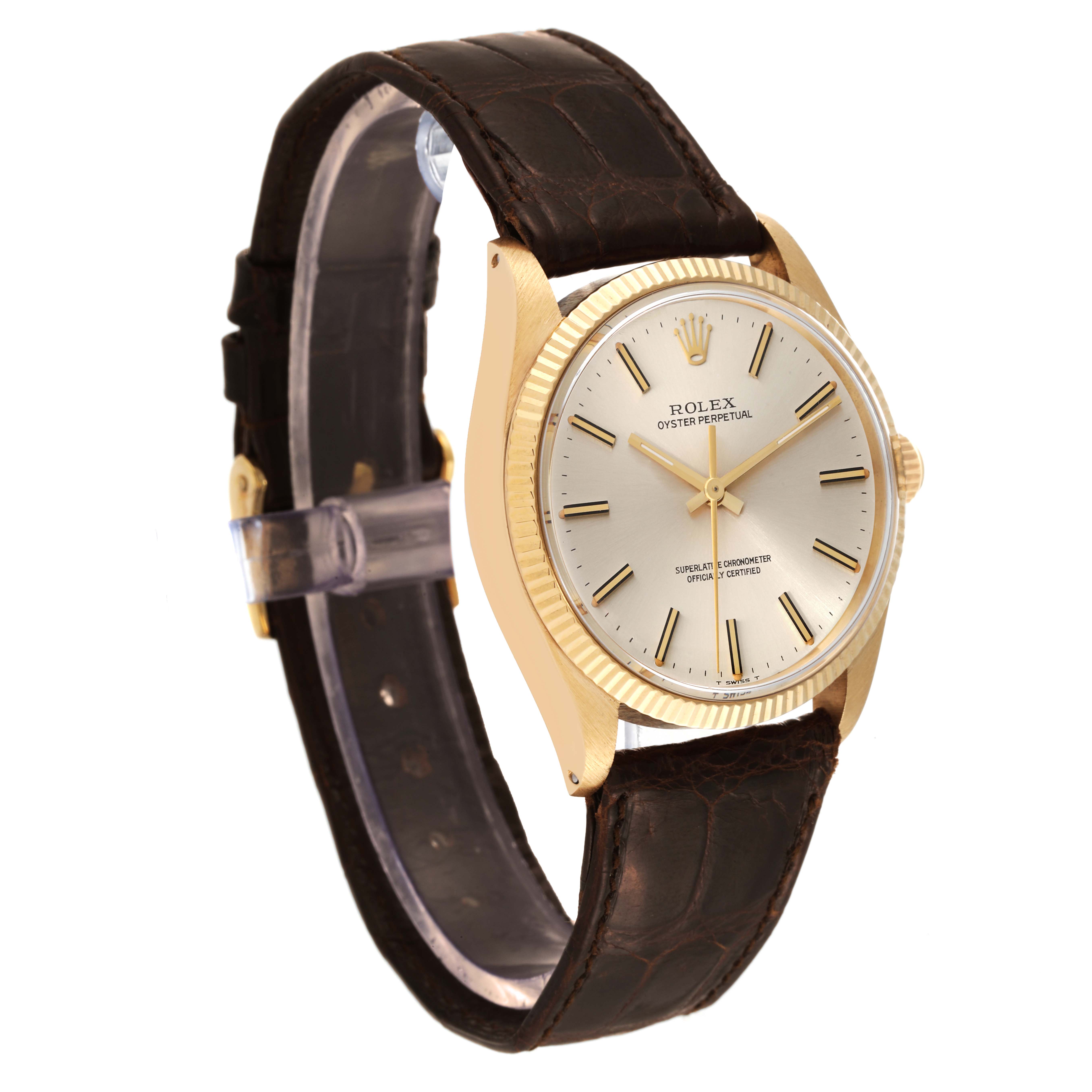 This image shows a Rolex Vintage Collection 1005 Men's Yellow Gold Champagne Dial 1005 Men's Yellow Gold Champagne Dial model from a front-side angle, highlighting its face, bezel, and leather strap.