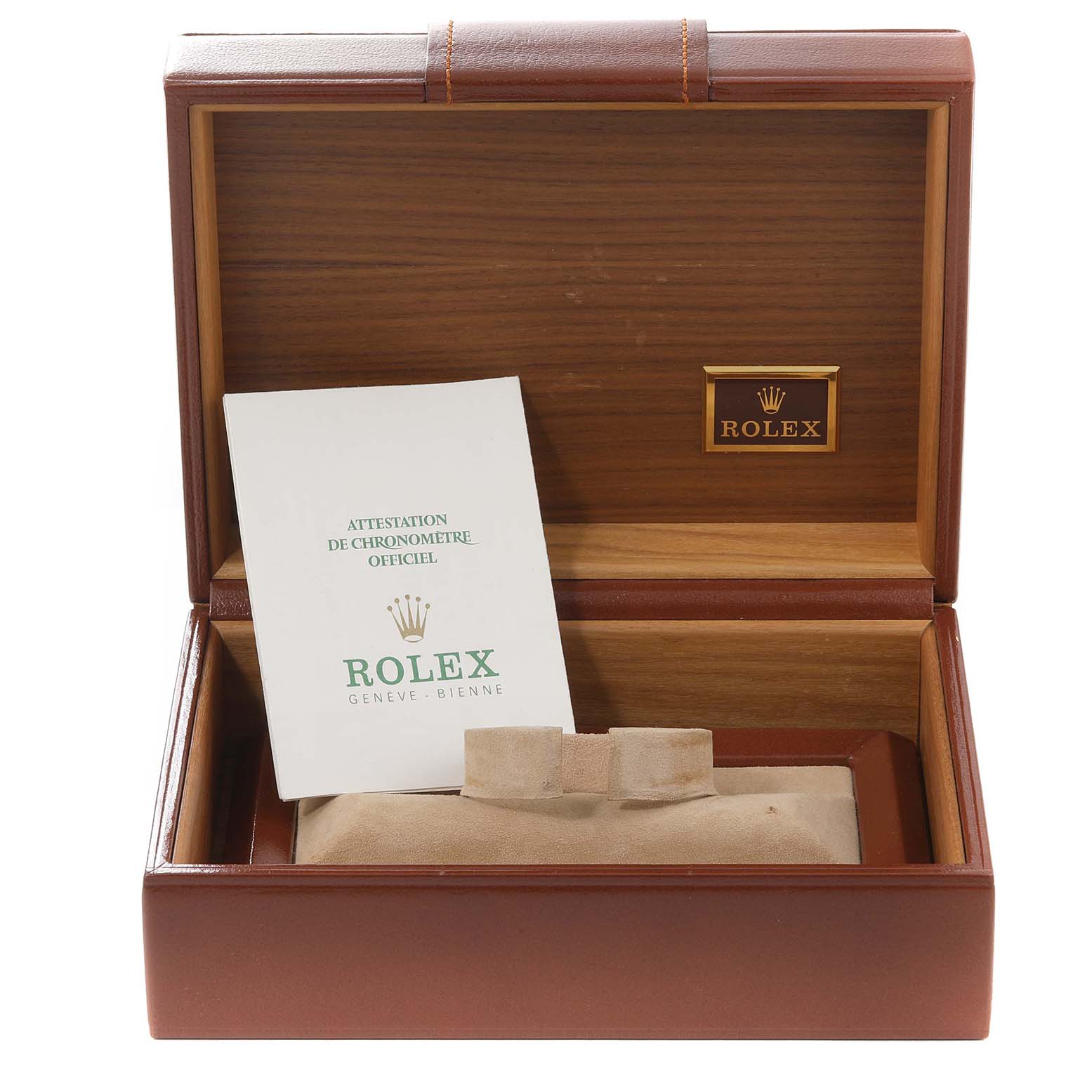The image shows an open wooden Rolex Vintage Collection 1005 Men's Yellow Gold Champagne Dial 1005 Men's Yellow Gold Champagne Dial watch box with an official certificate inside.