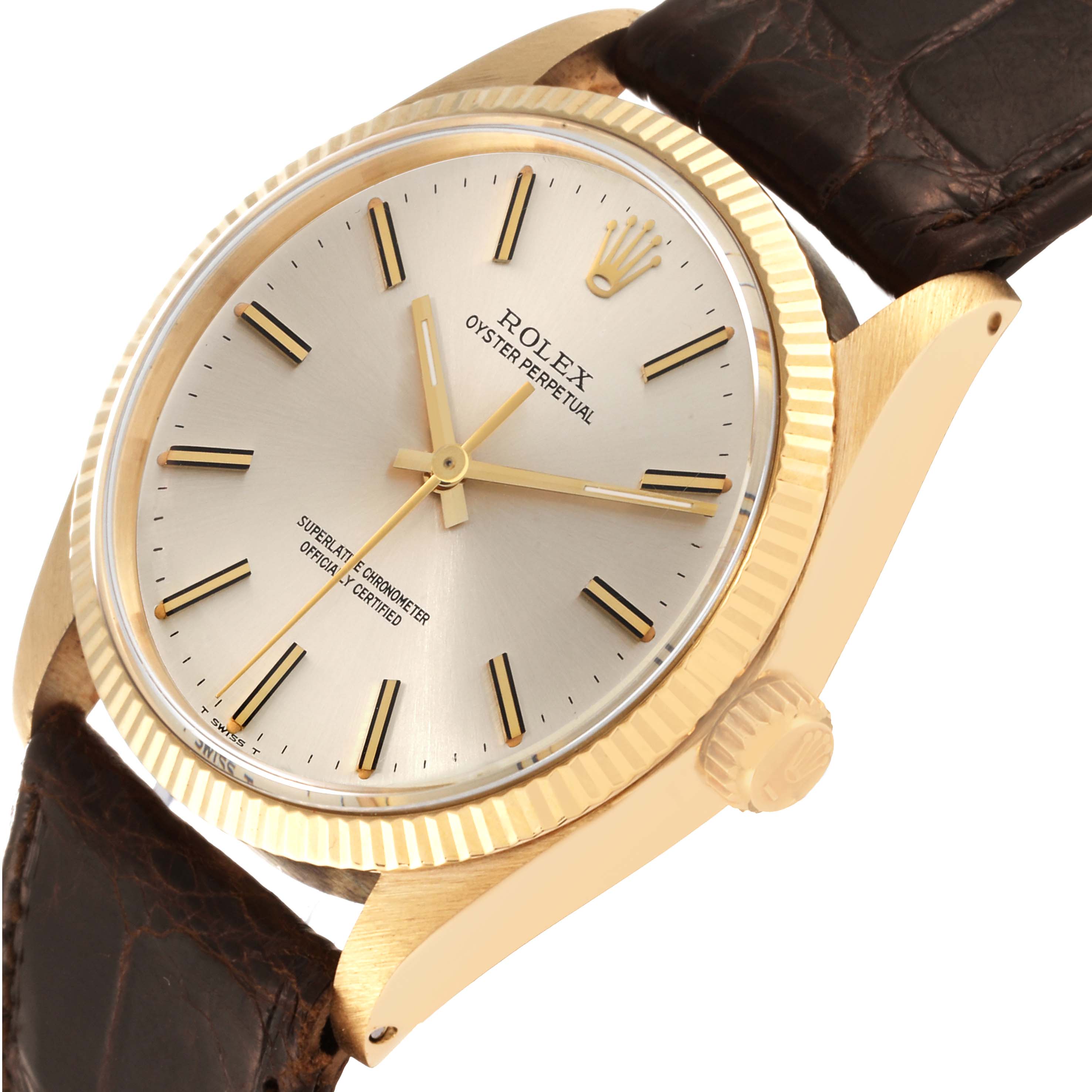 The Rolex Vintage Collection 1005 Men's Yellow Gold Champagne Dial 1005 Men's Yellow Gold Champagne Dial watch is shown from an angled close-up, highlighting its dial, bezel, case, crown, and leather strap.