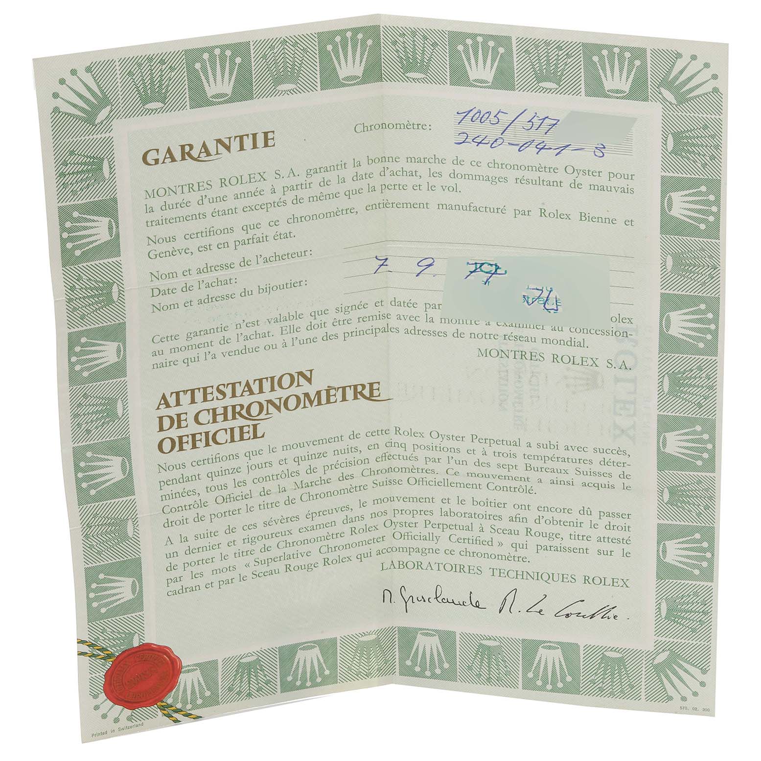 The image shows a Rolex Vintage Collection 1005 Men's Yellow Gold Champagne Dial 1005 Men's Yellow Gold Champagne Dial warranty and chronometer certificate document at an angled view.