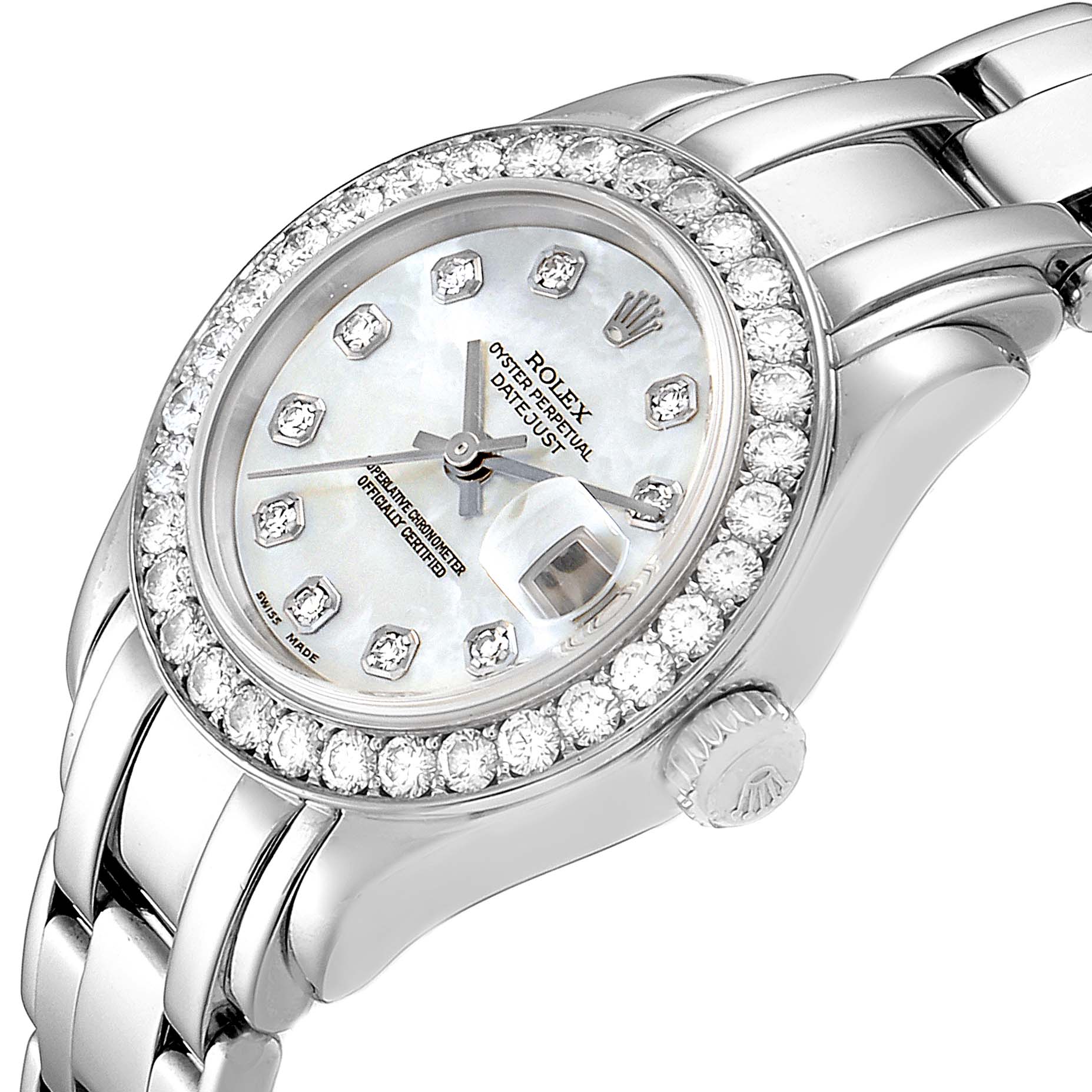 This image shows a Rolex Pearlmaster 80299 Women's White Gold Mother of Pearl Dial 80299 Women's White Gold Mother of Pearl Dial watch from a tilted angle, highlighting the dial, bezel, and part of the bracelet.