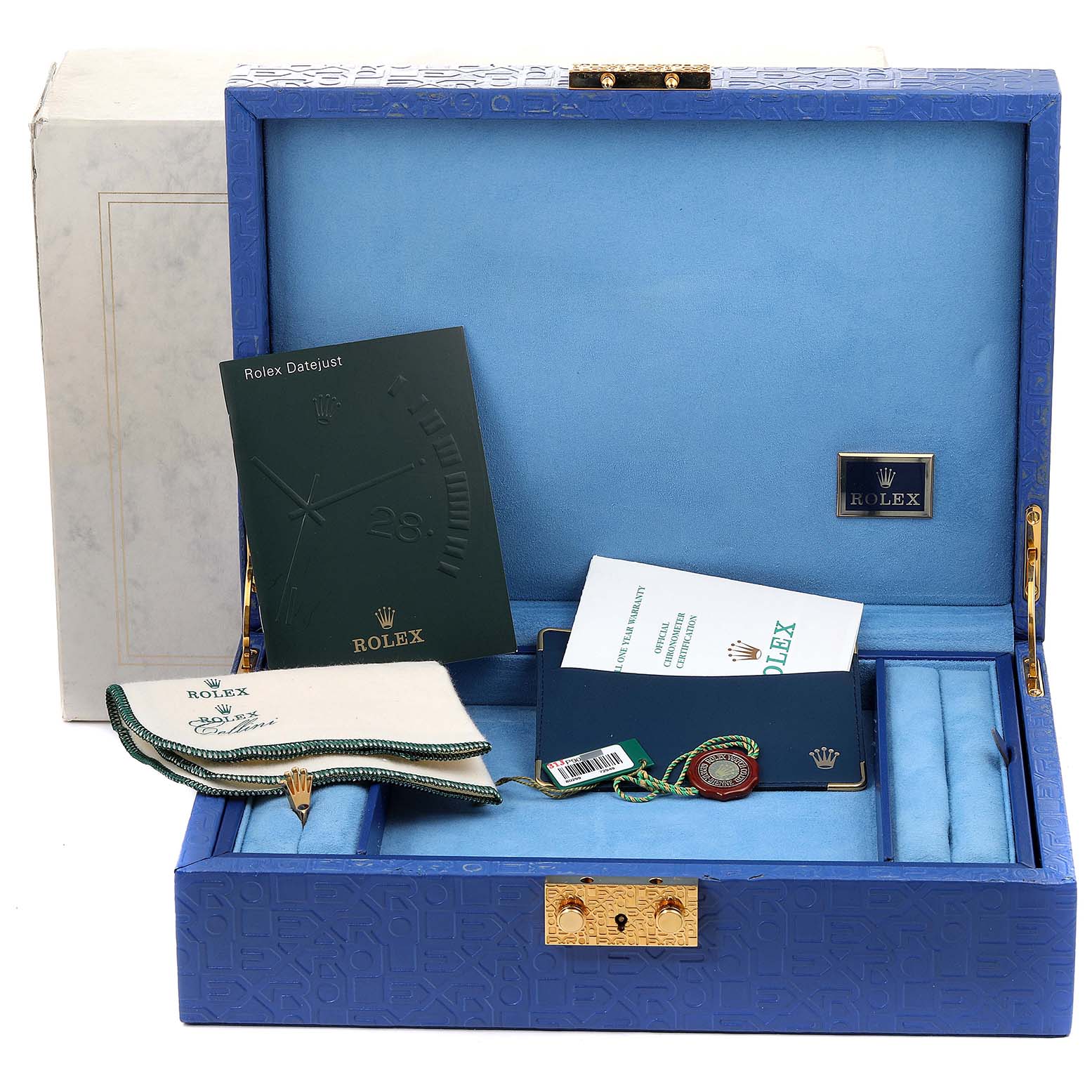 The image shows a blue Rolex box with manuals, a tag, and a pouch for the Pearlmaster model.