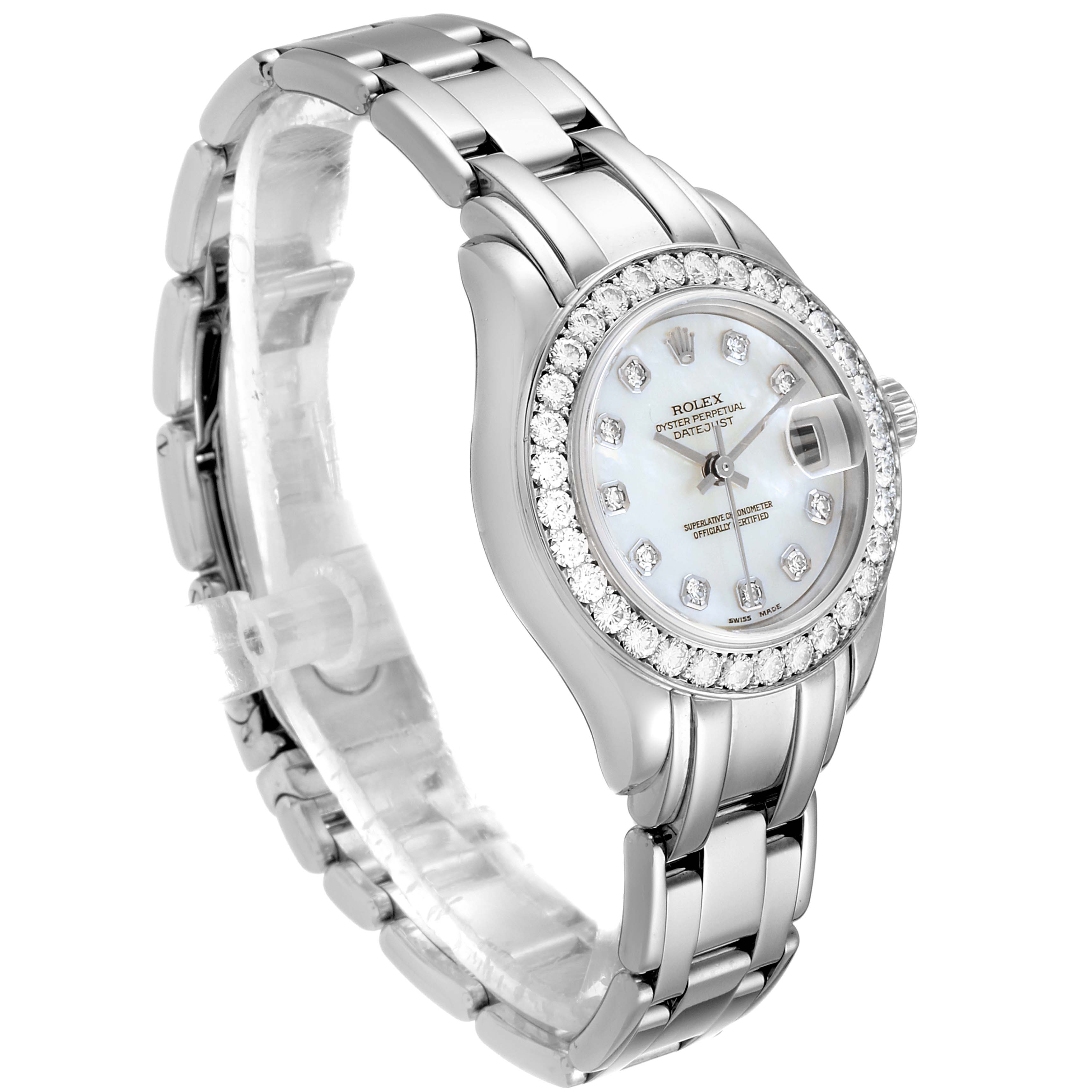 The Rolex Pearlmaster 80299 Women's White Gold Mother of Pearl Dial 80299 Women's White Gold Mother of Pearl Dial watch is shown at a slight angle, highlighting its face, bezel, crown, and bracelet.