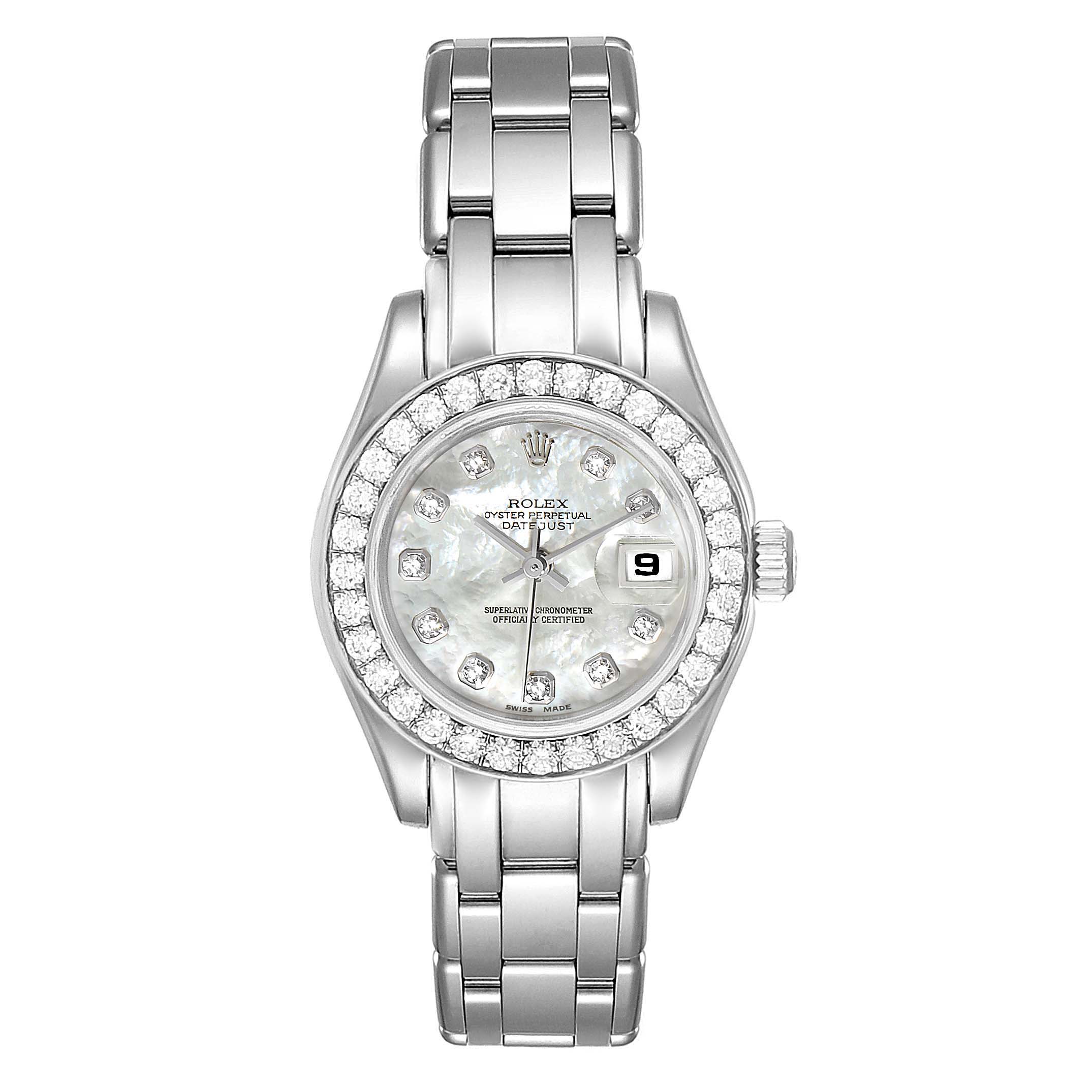 The image shows a front view of a Rolex Pearlmaster 80299 Women's White Gold Mother of Pearl Dial 80299 Women's White Gold Mother of Pearl Dial watch, highlighting its face, bezel, and bracelet.