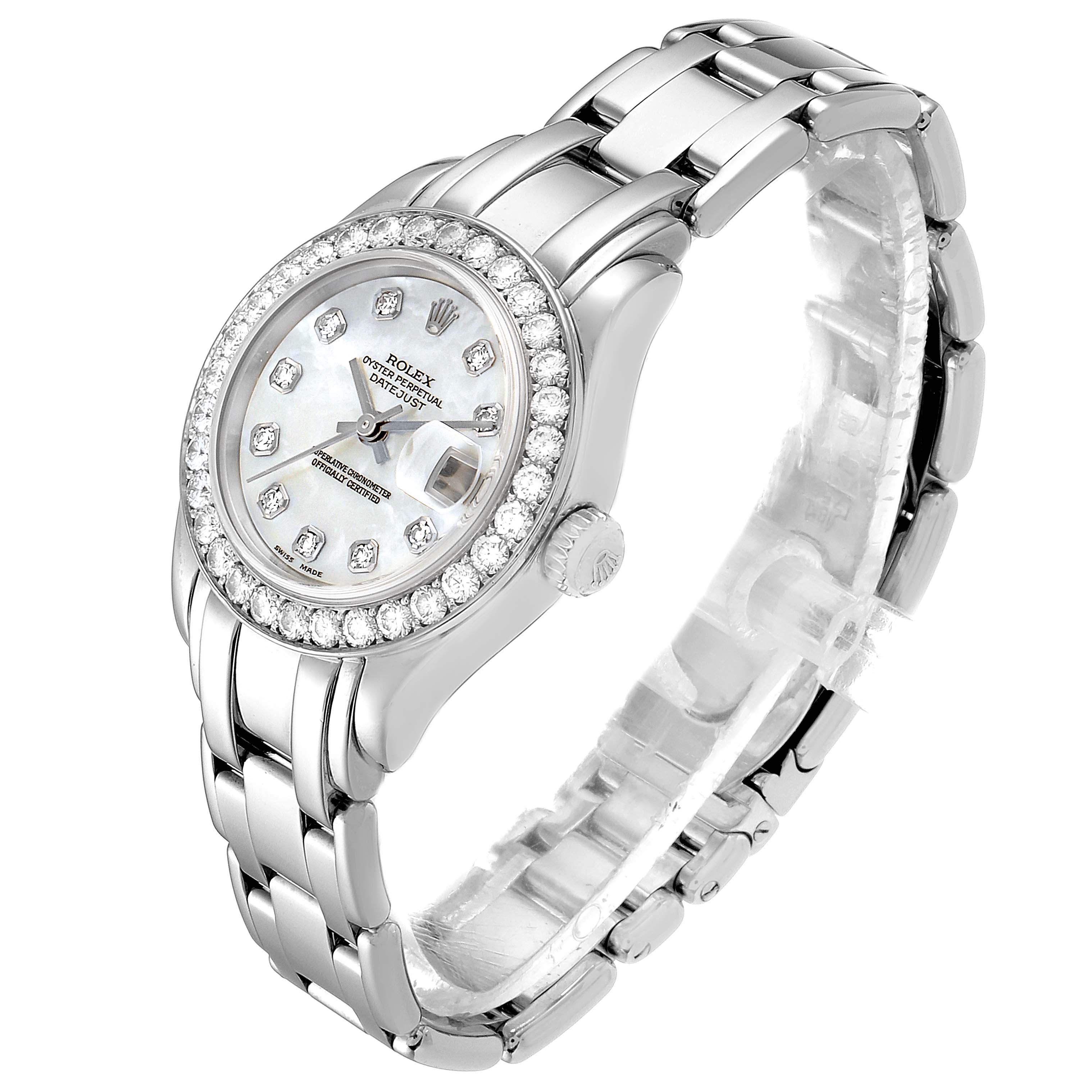 The image shows a Rolex Pearlmaster 80299 Women's White Gold Mother of Pearl Dial 80299 Women's White Gold Mother of Pearl Dial watch at a front-right angle, highlighting the face, bezel, and bracelet.