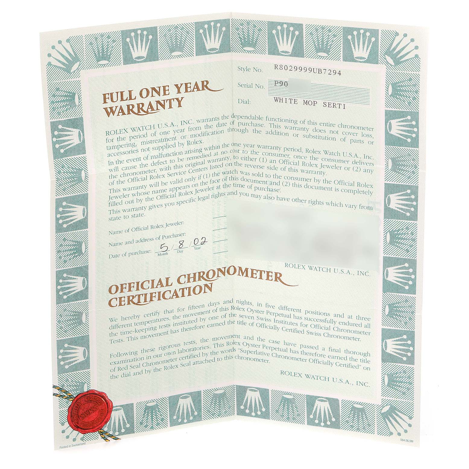 This image shows the warranty and official chronometer certification papers for the Rolex Pearlmaster 80299 Women's White Gold Mother of Pearl Dial 80299 Women's White Gold Mother of Pearl Dial watch.