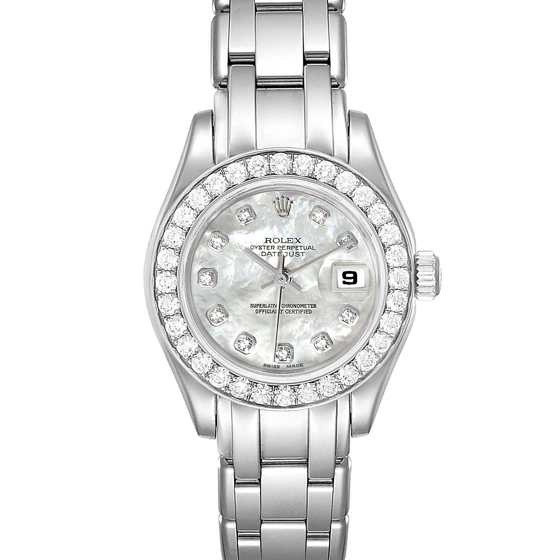 The image shows a front view of a Rolex Pearlmaster 80299 Women's White Gold Mother of Pearl Dial 80299 Women's White Gold Mother of Pearl Dial watch, highlighting its diamond-studded bezel and bracelet.
