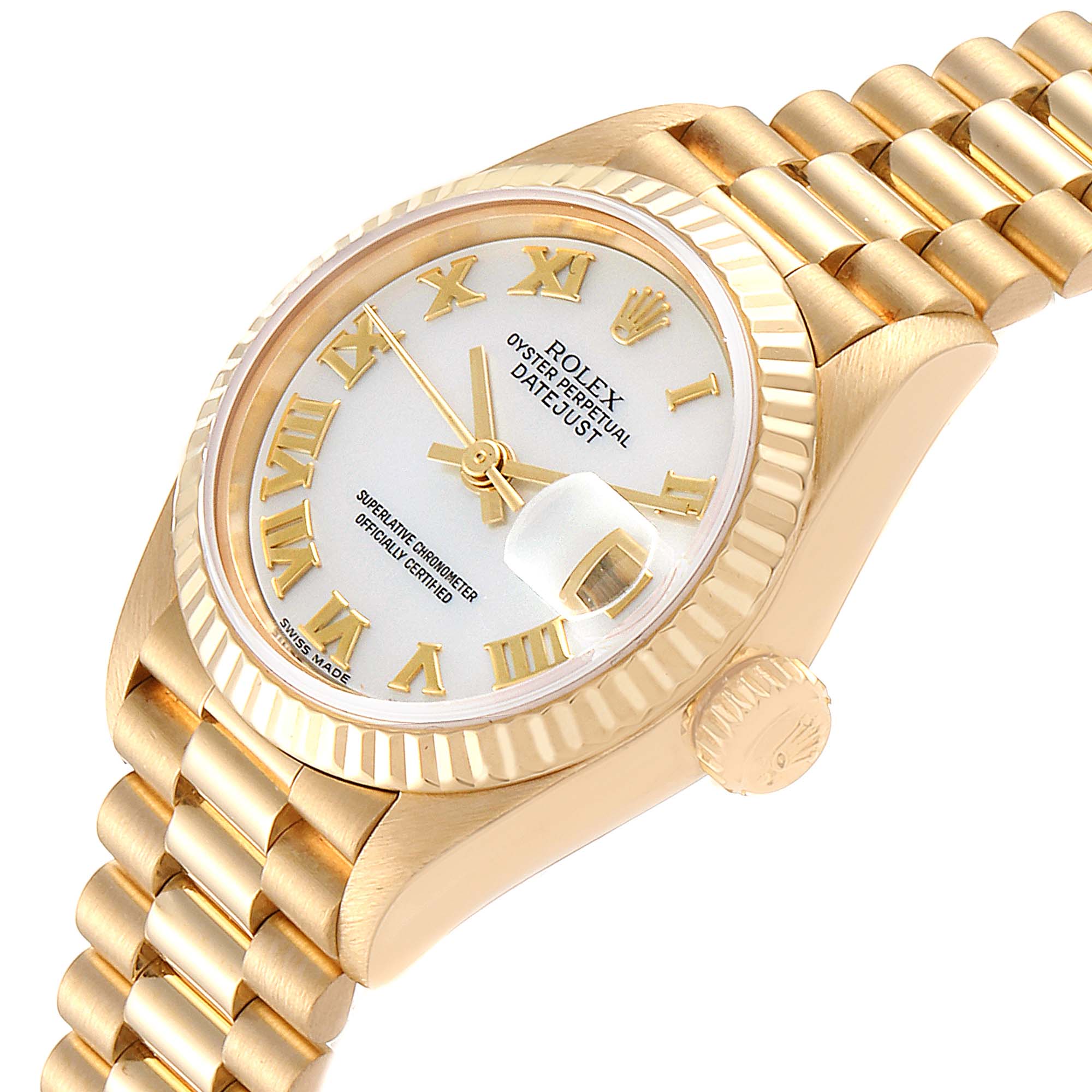 The image shows a close-up angle of a Rolex President 79178 Women
s Yellow Gold Mother of Pearl Dial 79178 Women
s Yellow Gold Mother of Pearl Dial model watch, highlighting the dial, bezel, crown, and bracelet.