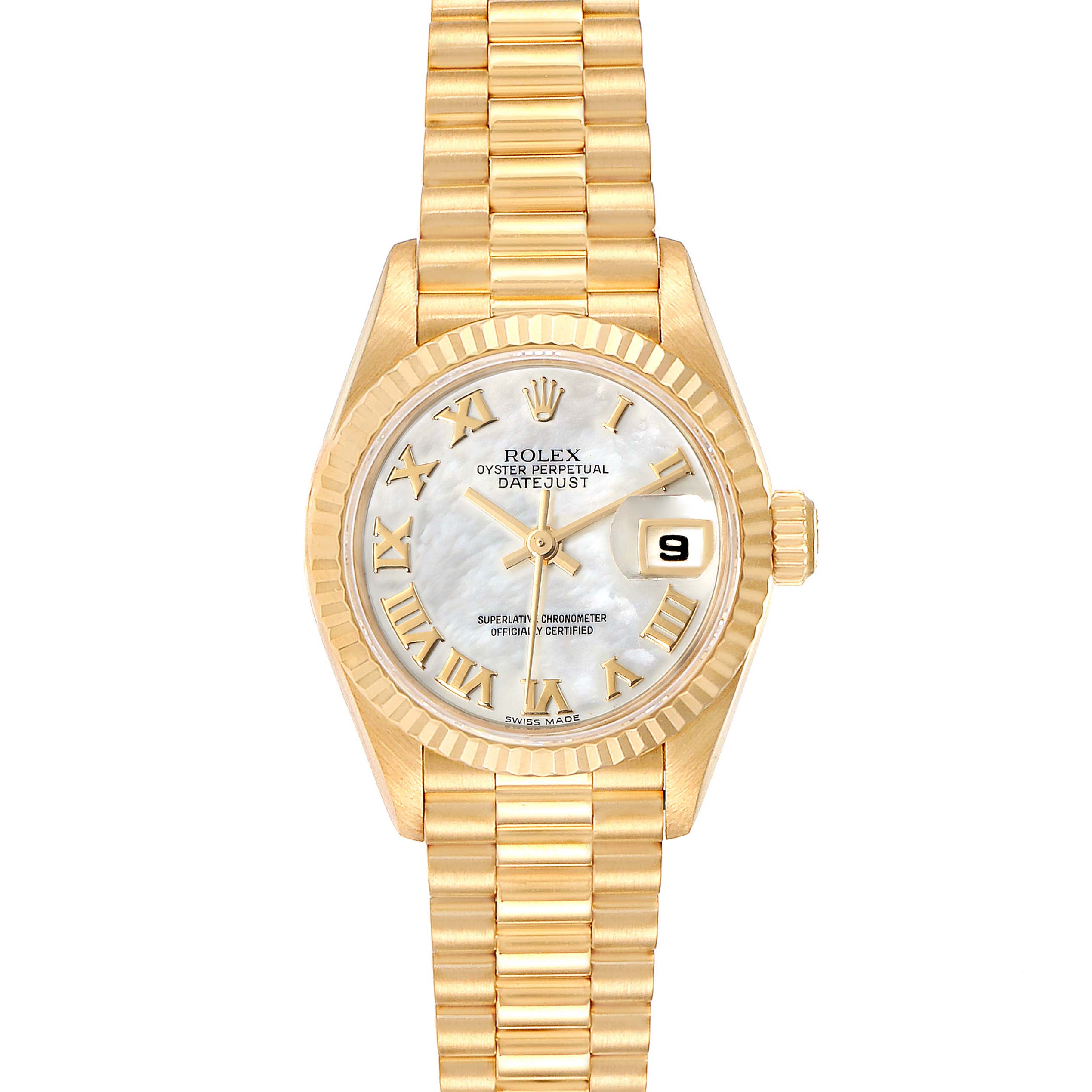 The image shows a Rolex President 79178 Women
s Yellow Gold Mother of Pearl Dial 79178 Women
s Yellow Gold Mother of Pearl Dial model watch from a top-down angle, featuring the dial, bezel, bracelet, and crown.