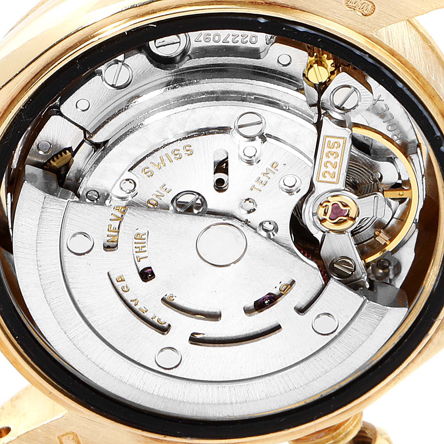 The image shows the movement mechanism of a Rolex President 79178 Women
s Yellow Gold Mother of Pearl Dial 79178 Women
s Yellow Gold Mother of Pearl Dial model watch from a close-up, top-down angle.