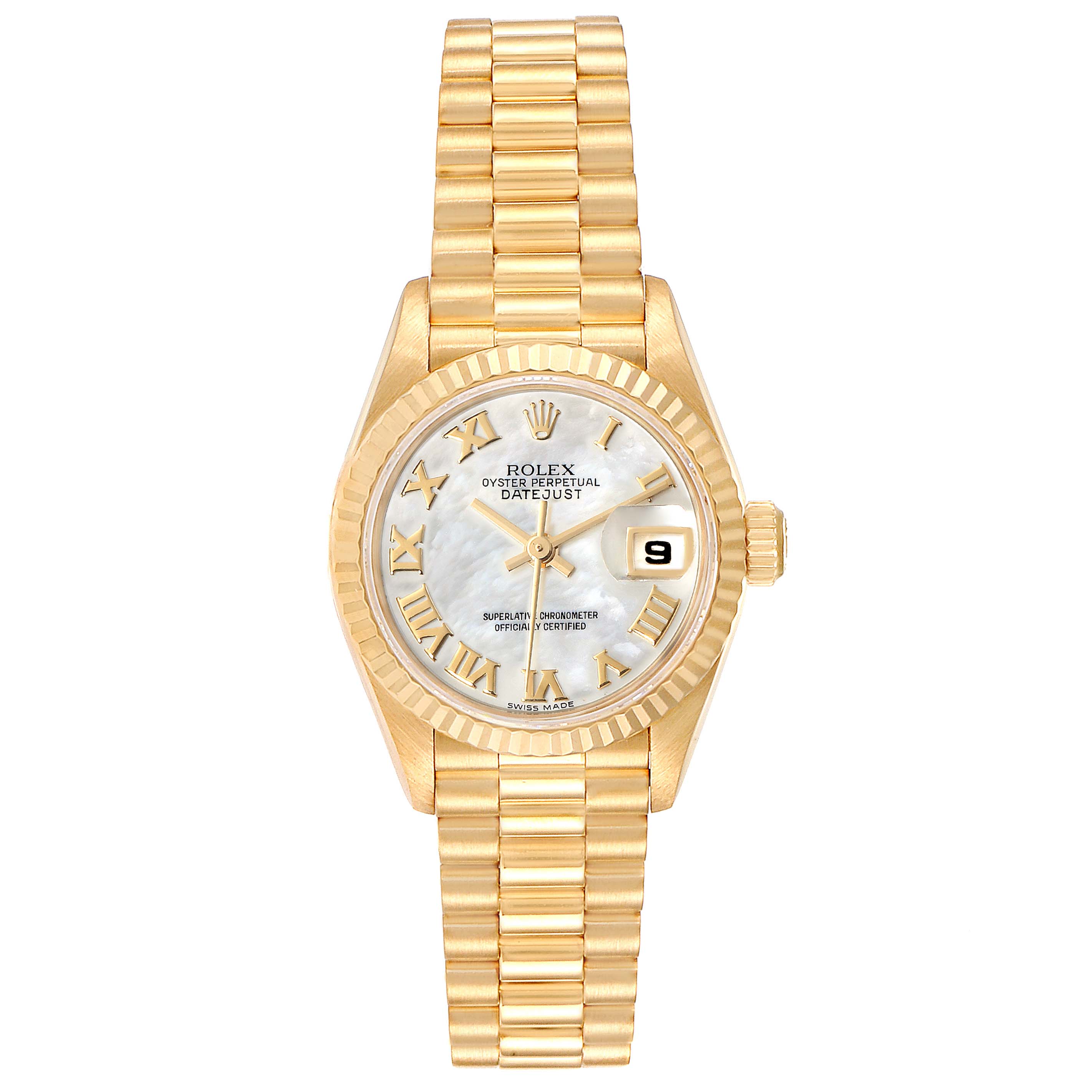 This image shows a Rolex President 79178 Women
s Yellow Gold Mother of Pearl Dial 79178 Women
s Yellow Gold Mother of Pearl Dial model watch from a straight-on angle, featuring its face, bezel, and bracelet.