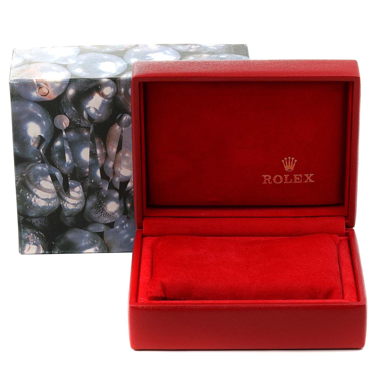 The image shows a Rolex President 69178 Women's Yellow Gold Blue Dial 69178 Women's Yellow Gold Blue Dial watch's open red velvet-lined box and its outer packaging from a front angle.