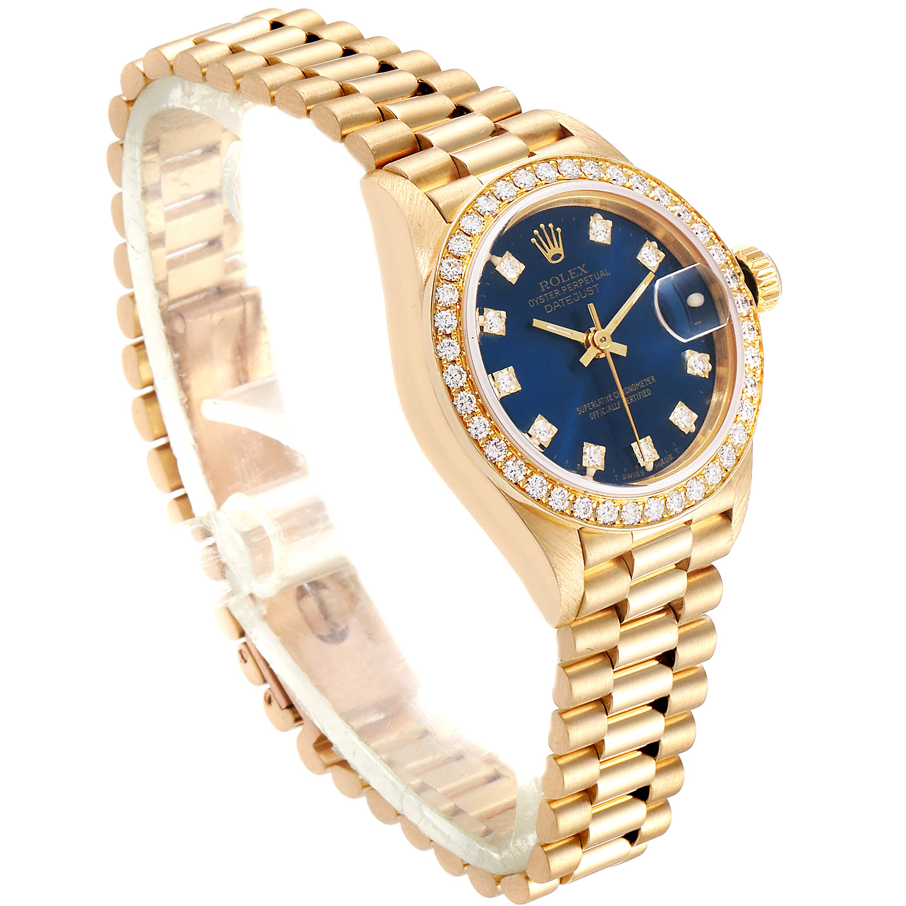 This image shows a side-front angle of a Rolex President 69178 Women's Yellow Gold Blue Dial 69178 Women's Yellow Gold Blue Dial model watch, highlighting the bracelet, bezel, and dial.