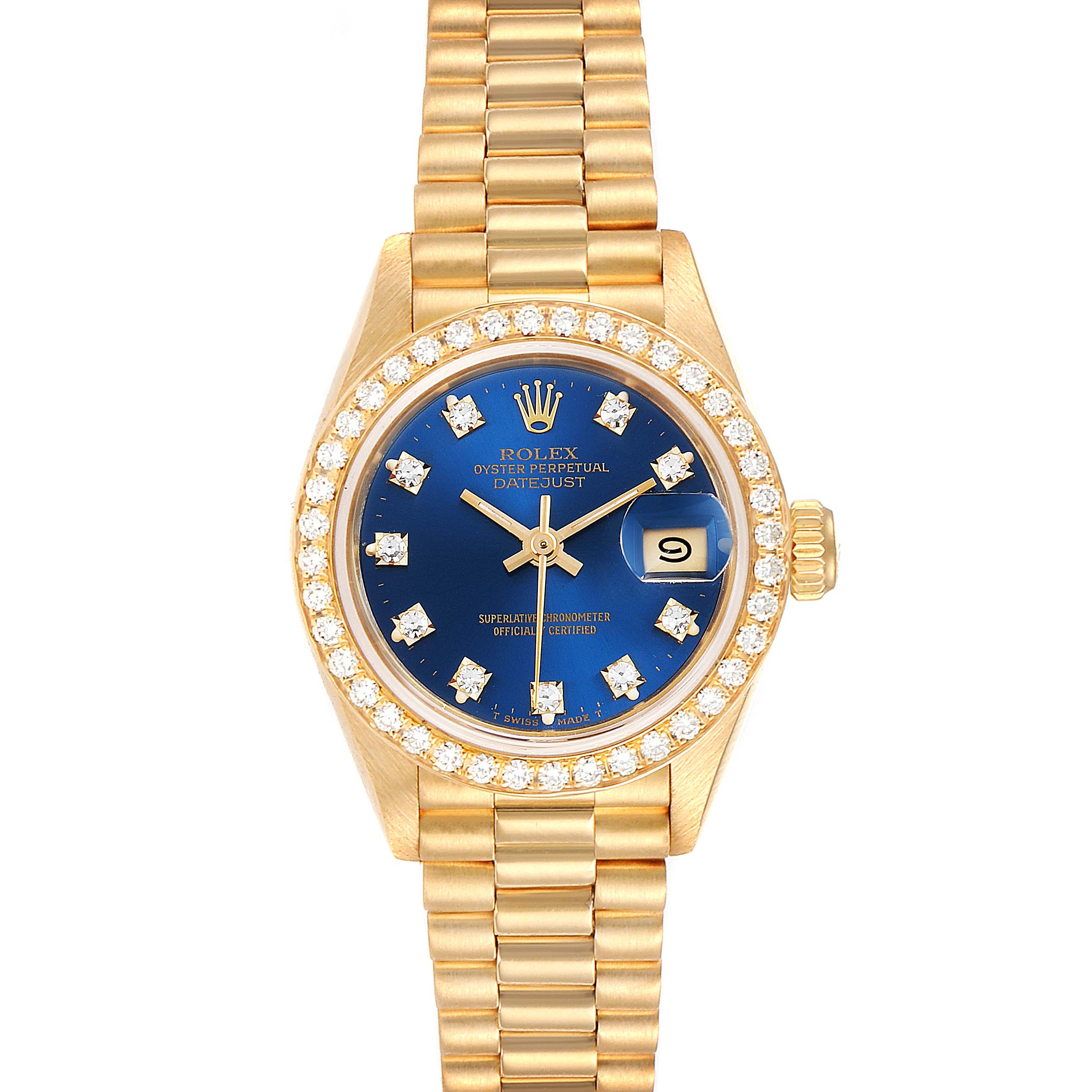 The image shows a front view of a Rolex President 69178 Women's Yellow Gold Blue Dial 69178 Women's Yellow Gold Blue Dial Datejust watch with a gold band and a blue dial.