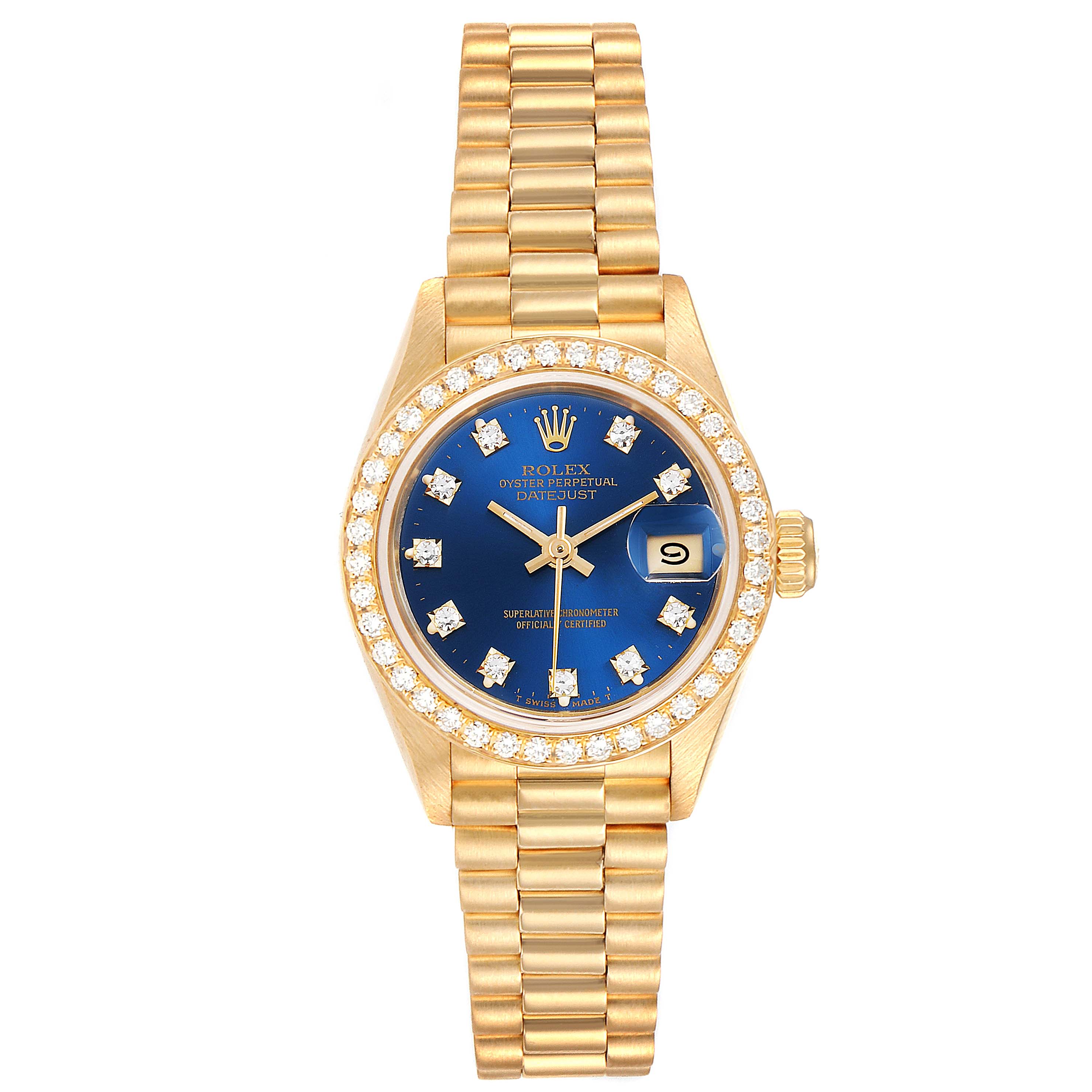 This image shows a Rolex President 69178 Women's Yellow Gold Blue Dial 69178 Women's Yellow Gold Blue Dial model watch, featuring its full golden band, blue dial, and diamond bezel from a front angle.