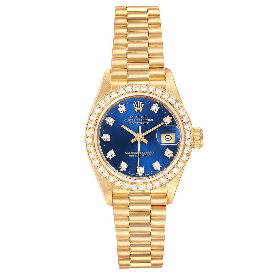 Rolex Lady-Datejust, President Bracelet, Blue Diamond Dial, Diamond & Ruby  Bezel, Yellow Gold, 69178