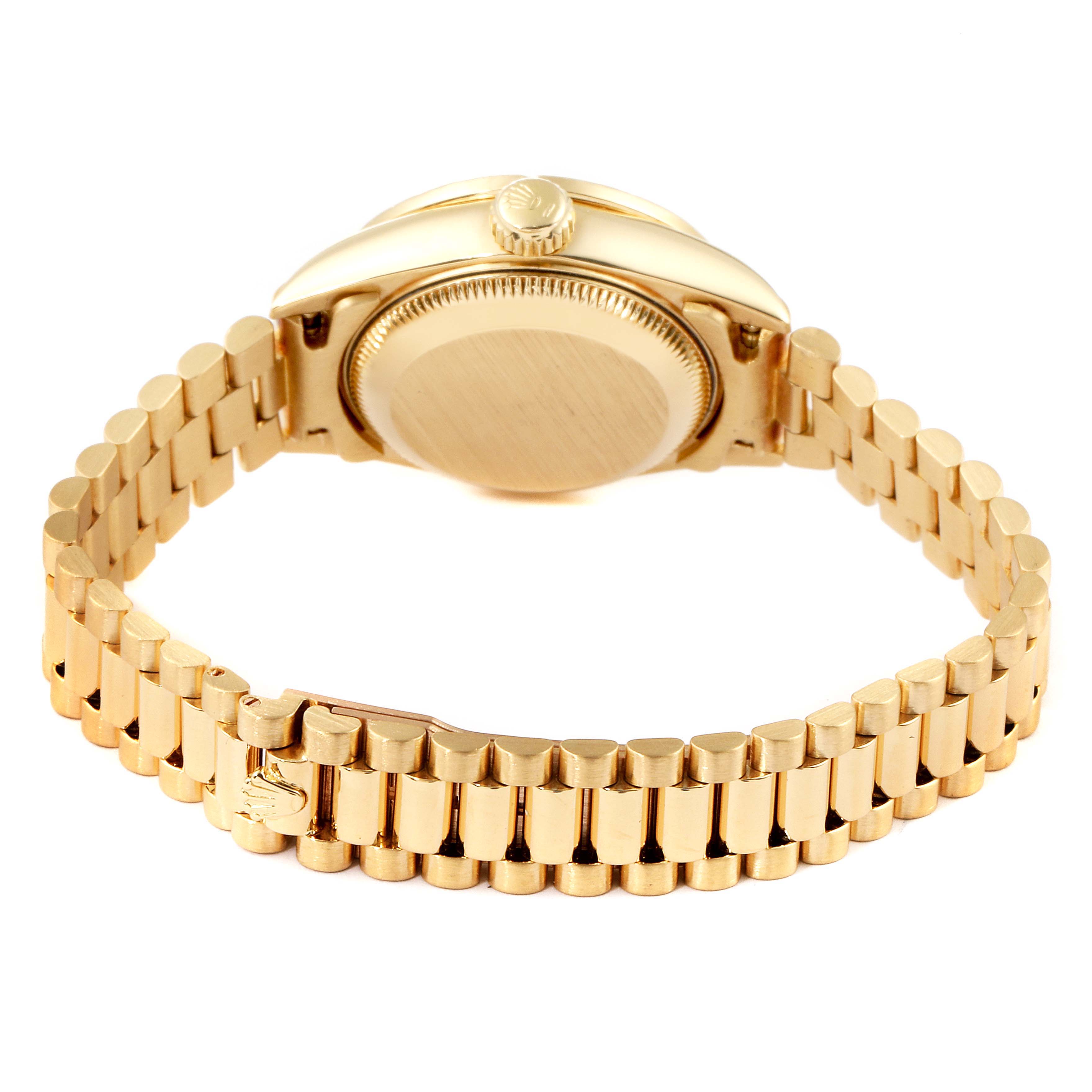 The image shows the back view of the Rolex President 69178 Women's Yellow Gold Blue Dial 69178 Women's Yellow Gold Blue Dial model watch, highlighting its case back and gold bracelet.