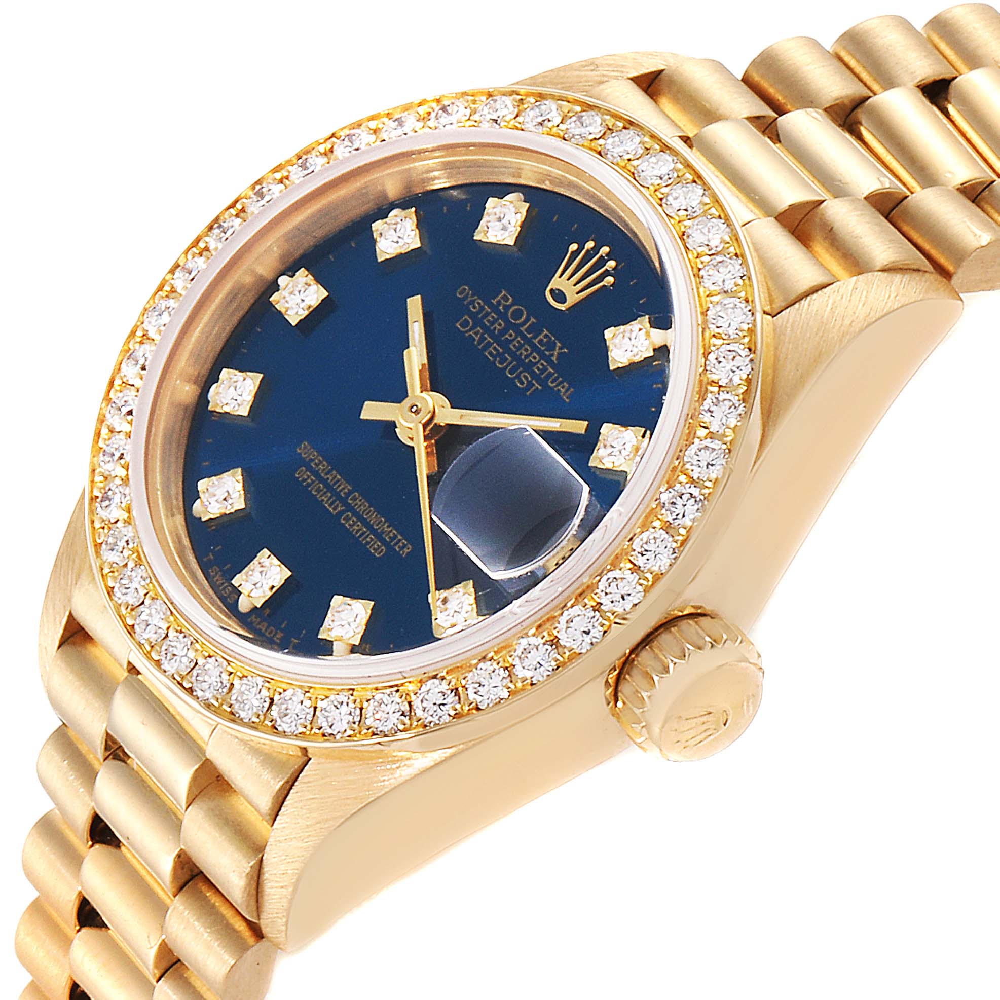 The image shows a side angle of a Rolex President 69178 Women's Yellow Gold Blue Dial 69178 Women's Yellow Gold Blue Dial model watch, displaying the face, bezel, crown, and part of the bracelet.