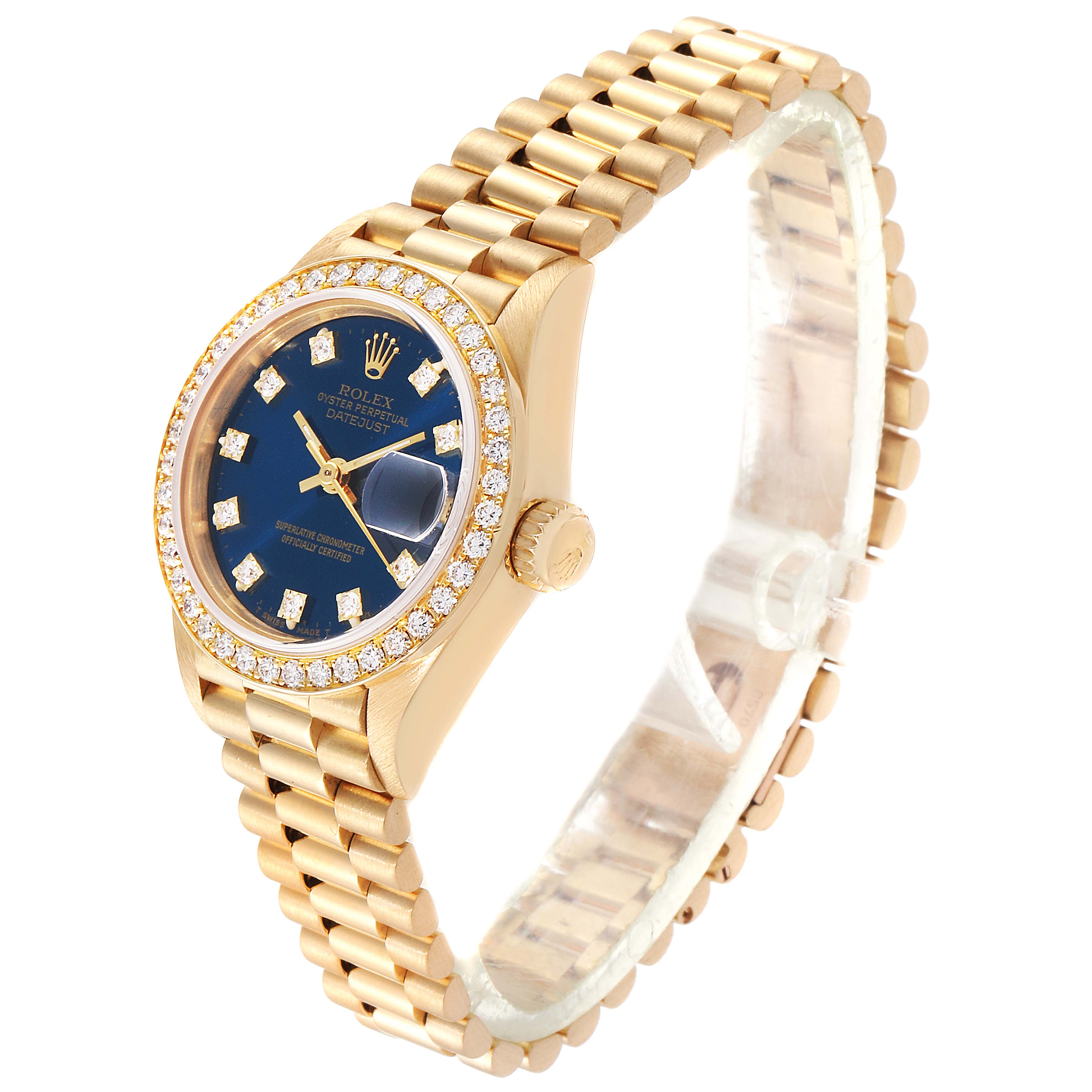 The image shows a side angle of a Rolex President 69178 Women's Yellow Gold Blue Dial 69178 Women's Yellow Gold Blue Dial model watch, featuring a gold bracelet and a bezel with diamond accents.
