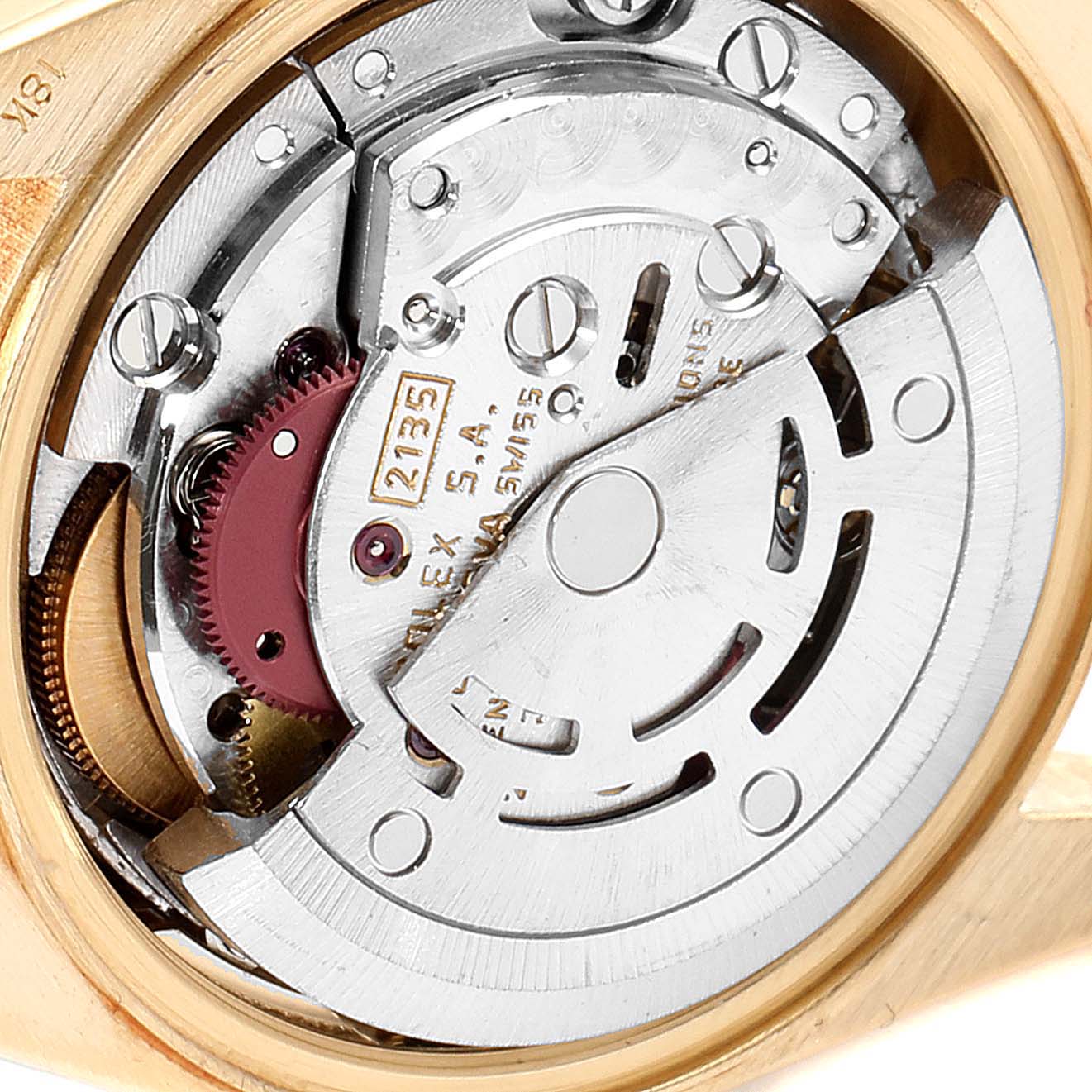This image shows a close-up of the movement mechanism of a Rolex President 69178 Women's Yellow Gold Blue Dial 69178 Women's Yellow Gold Blue Dial model watch.