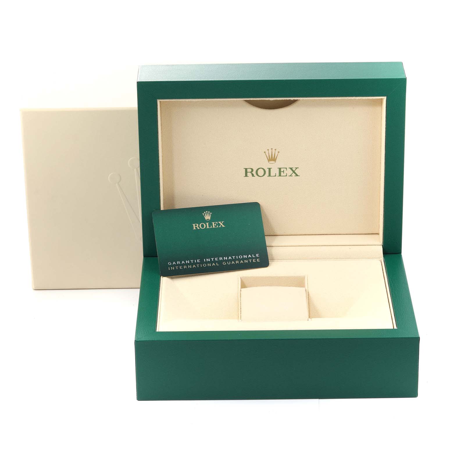 The image shows the open luxury box of a Rolex President 128345 Men's Rose Gold Brown Dial 128345 Men's Rose Gold Brown Dial model, accompanied by a guarantee card.
