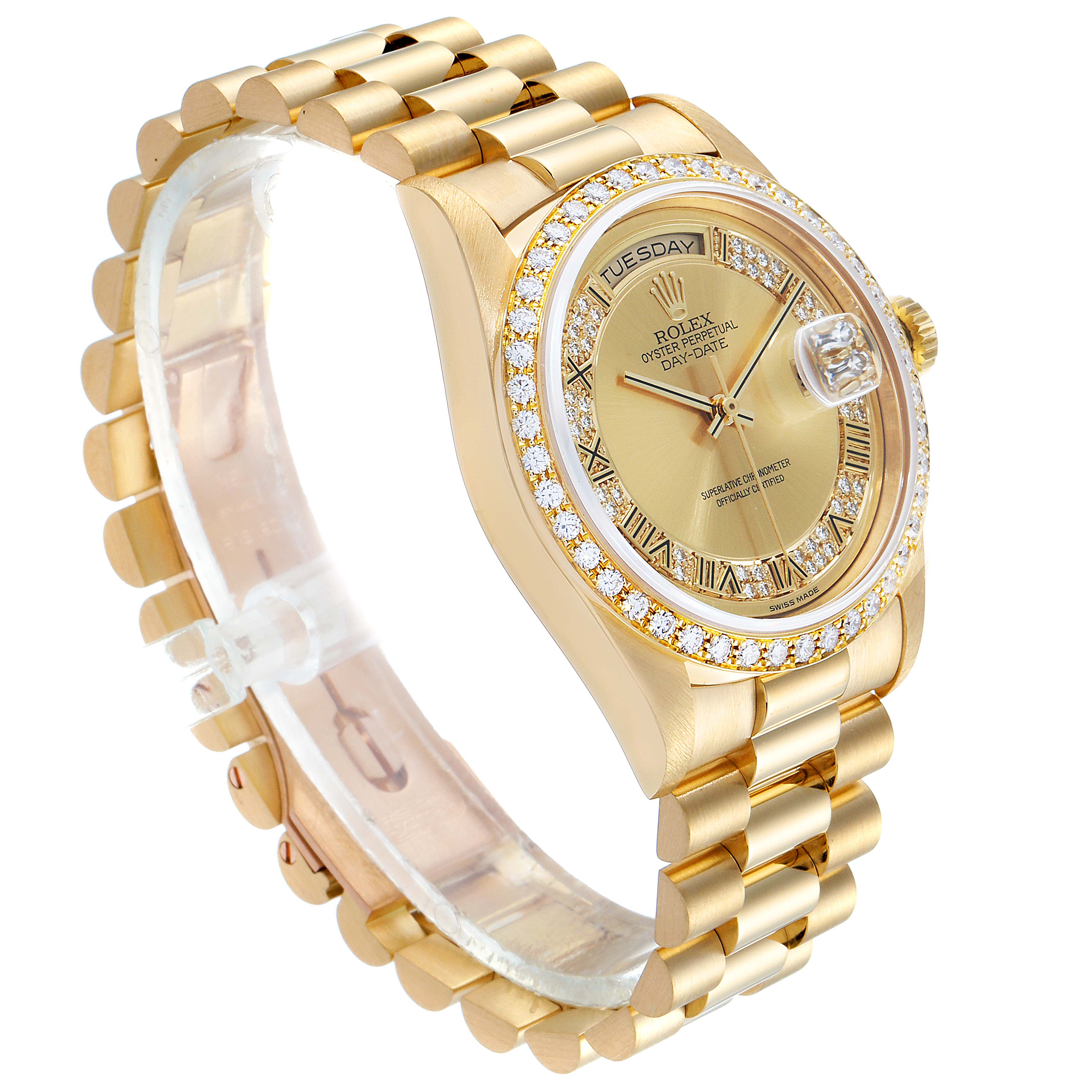 The image shows a side and front angle of a Rolex President 18348 Men's Yellow Gold Champagne Dial 18348 Men's Yellow Gold Champagne Dial model, showcasing its gold bracelet, diamond-encrusted bezel, and dial.