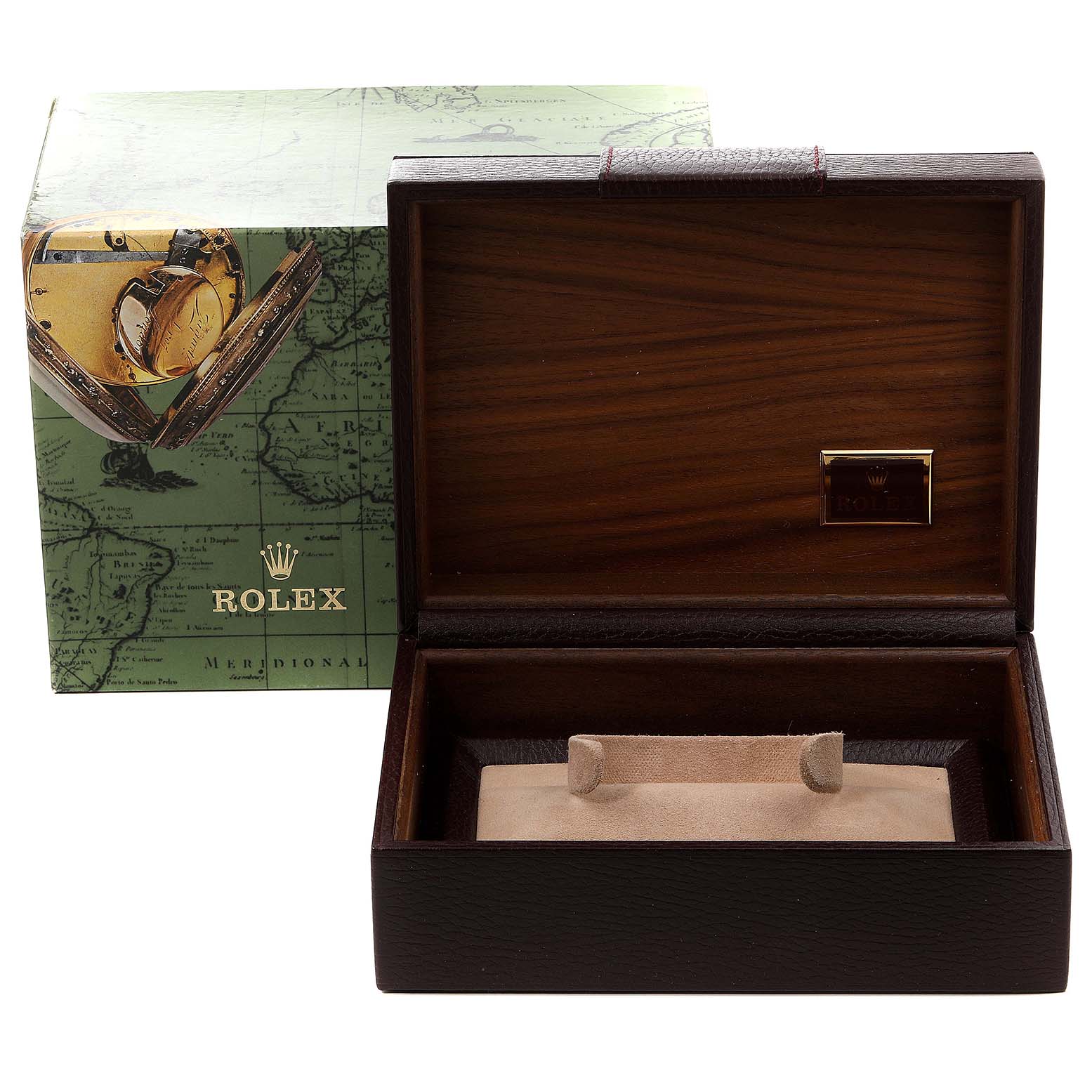 This image shows an empty Rolex President 18348 Men's Yellow Gold Champagne Dial 18348 Men's Yellow Gold Champagne Dial model watch box and its packaging at a frontal angle.