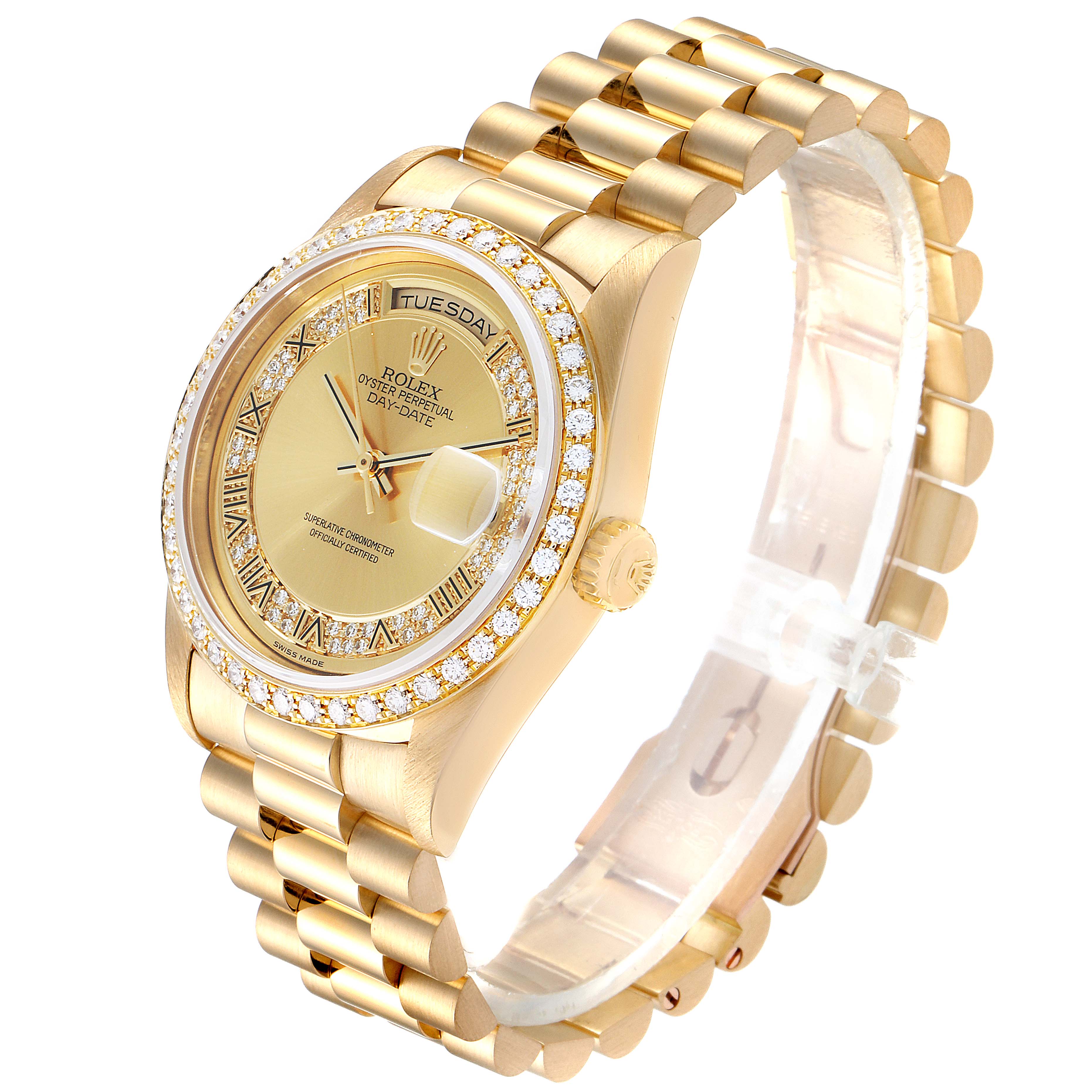 The image shows a side angle view of a Rolex President 18348 Men's Yellow Gold Champagne Dial 18348 Men's Yellow Gold Champagne Dial model, illustrating its gold case, diamond bezel, and bracelet.
