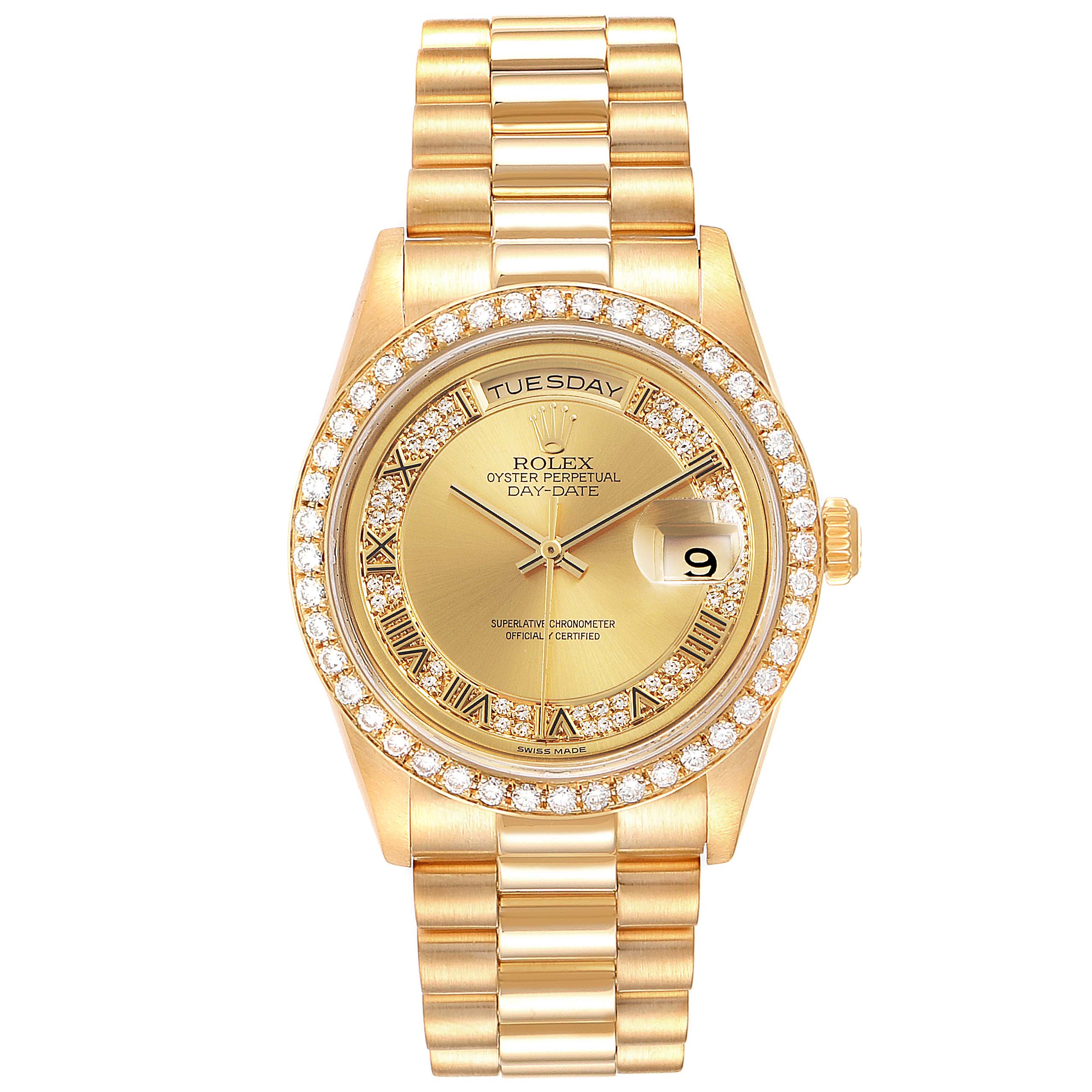 The image shows a front view of a Rolex President 18348 Men's Yellow Gold Champagne Dial 18348 Men's Yellow Gold Champagne Dial model watch, displaying its gold bracelet, bezel with diamonds, and dial with day and date features.