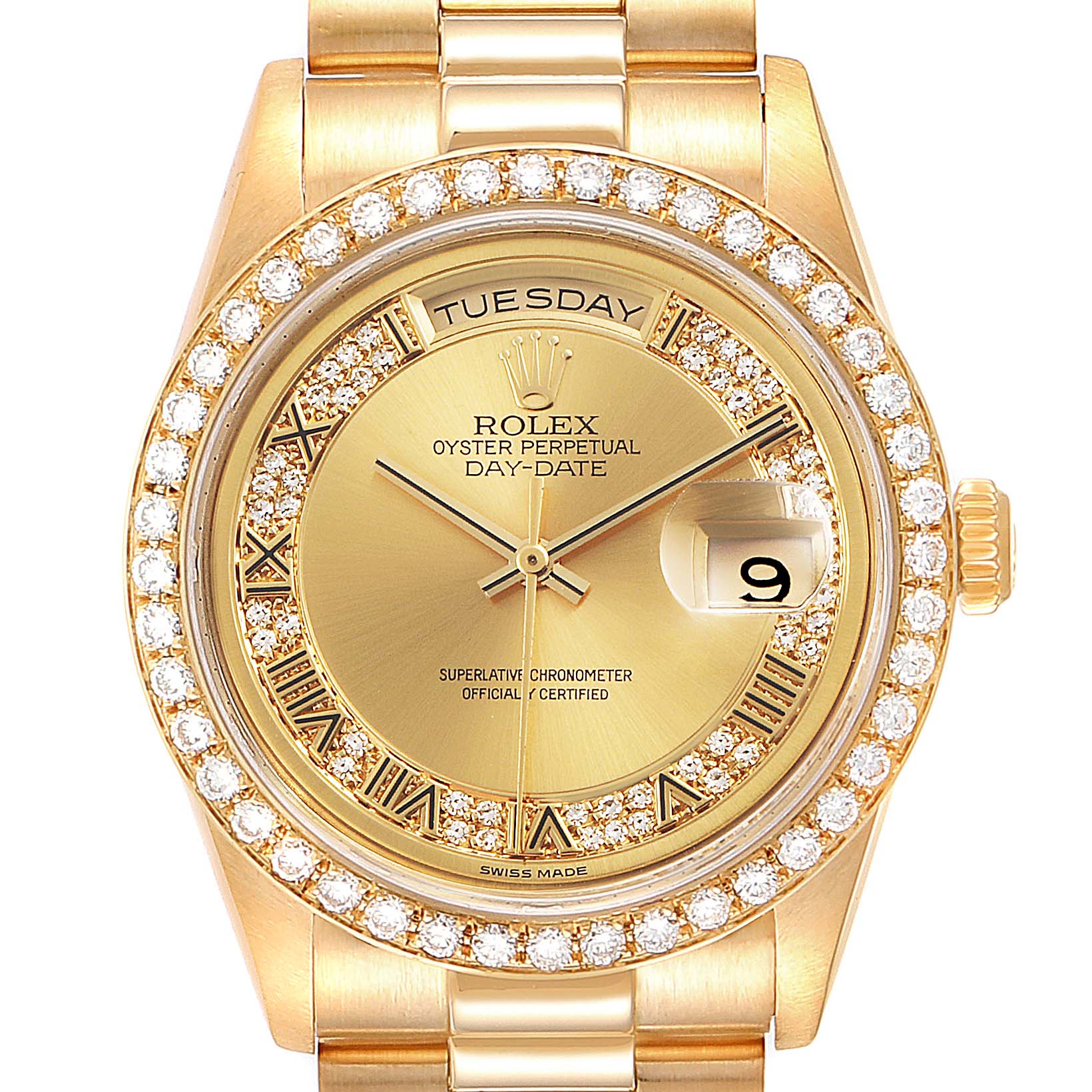 The image shows a front view of a Rolex President 18348 Men's Yellow Gold Champagne Dial 18348 Men's Yellow Gold Champagne Dial watch, displaying its gold band, diamond bezel, and day-date functions.
