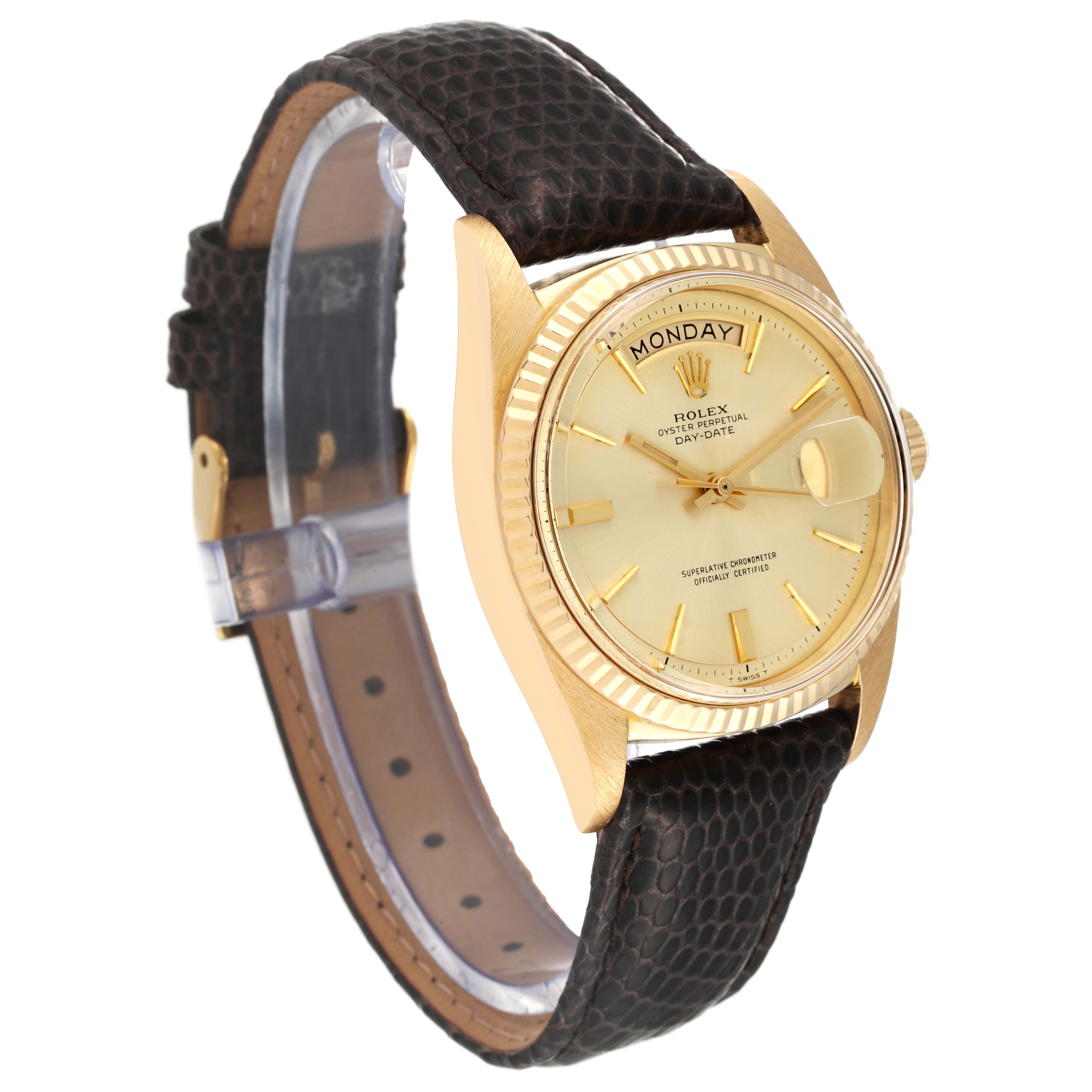 The Rolex Vintage Collection 1803 Men's Yellow Gold Champagne Dial 1803 Men's Yellow Gold Champagne Dial model is shown from a slightly angled side view, highlighting its gold case, dial, and black leather strap.