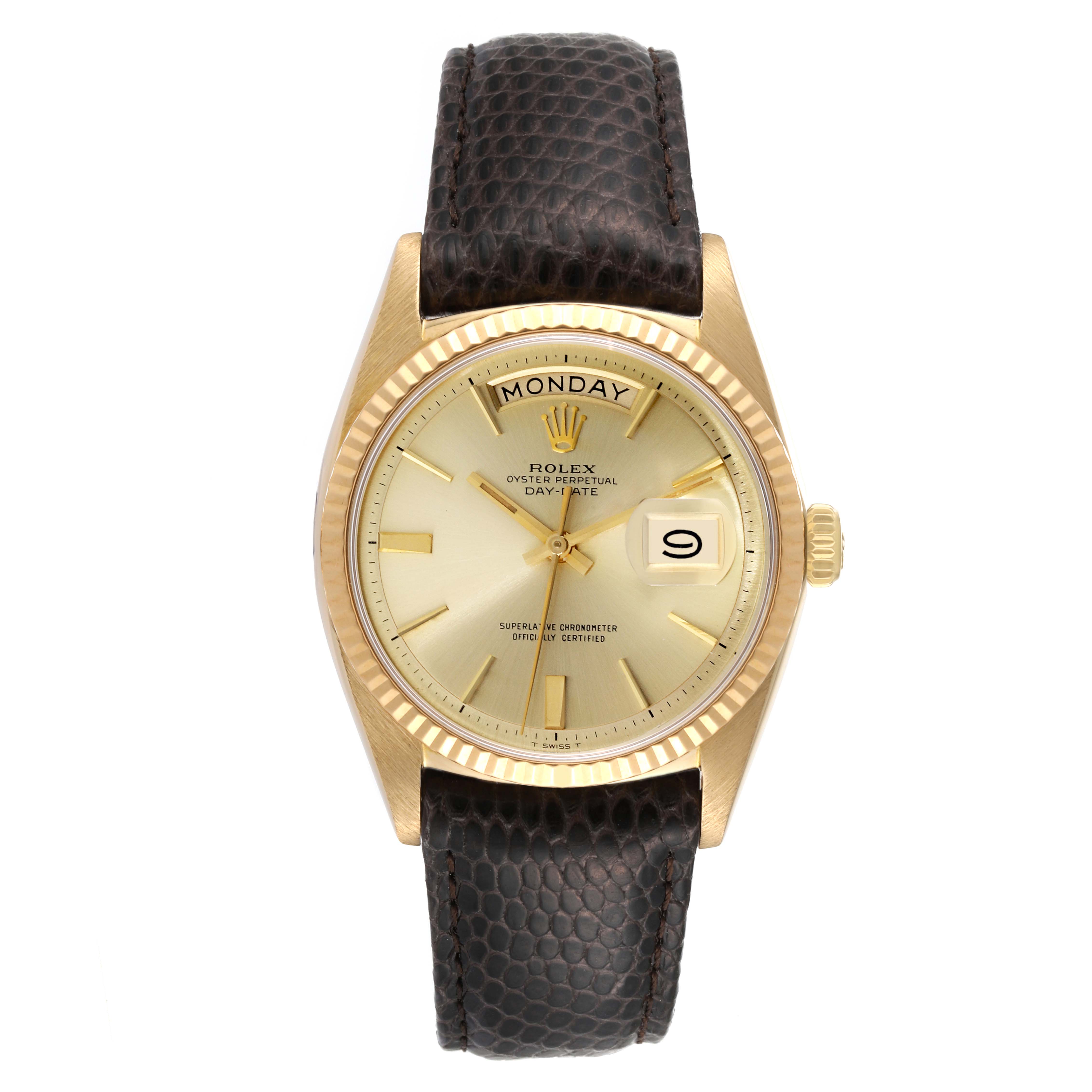 The Rolex Vintage Collection 1803 Men's Yellow Gold Champagne Dial 1803 Men's Yellow Gold Champagne Dial model watch is shown from the front, displaying the dial, hands, and leather strap.