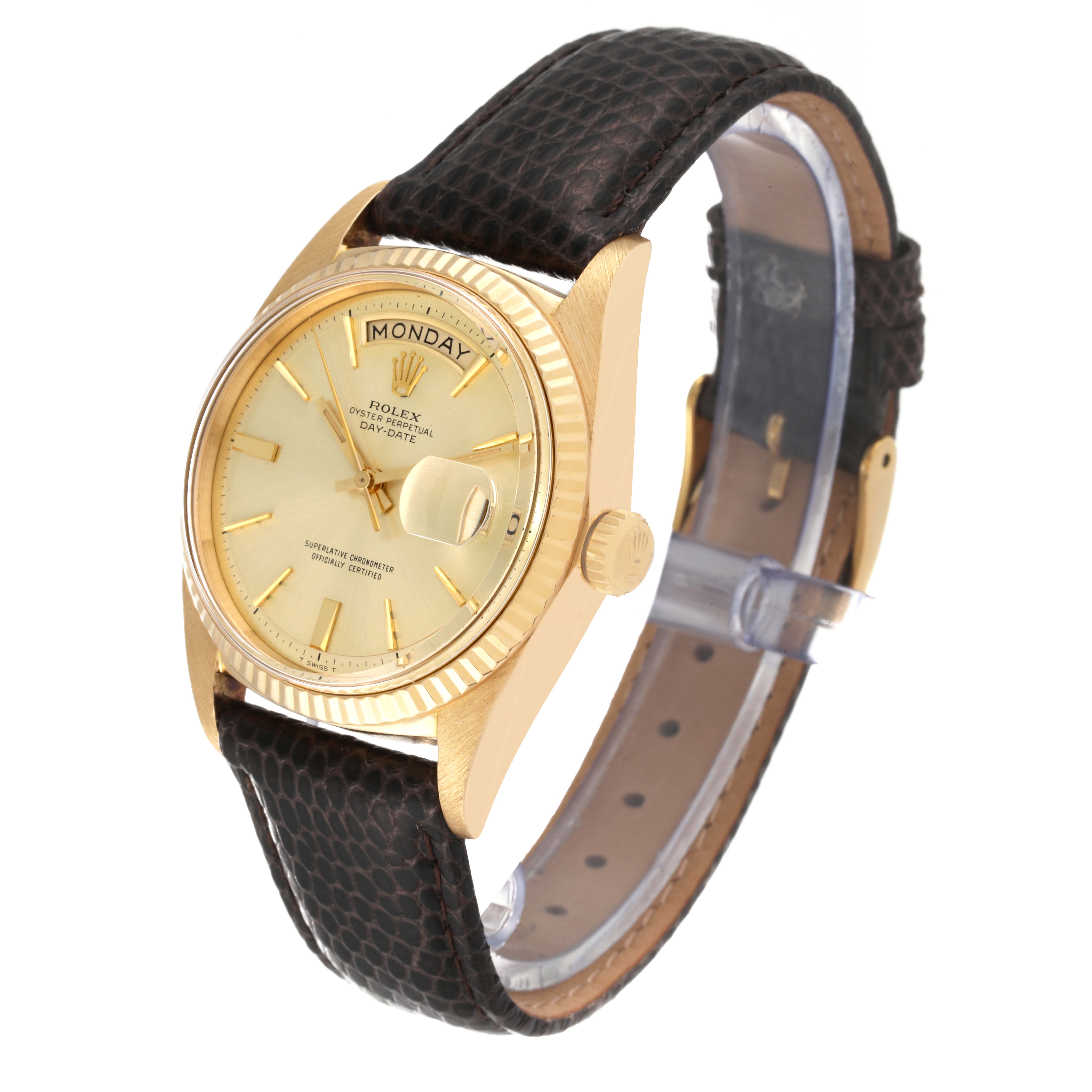 The Rolex Vintage Collection 1803 Men's Yellow Gold Champagne Dial 1803 Men's Yellow Gold Champagne Dial watch is shown from a slight front-side angle, highlighting the dial, bezel, and leather strap.